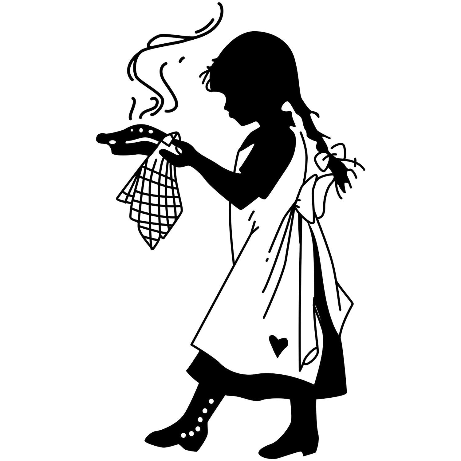 Black silhouette of a girl cooking, carrying a steaming dish and kitchen towel in an apron.