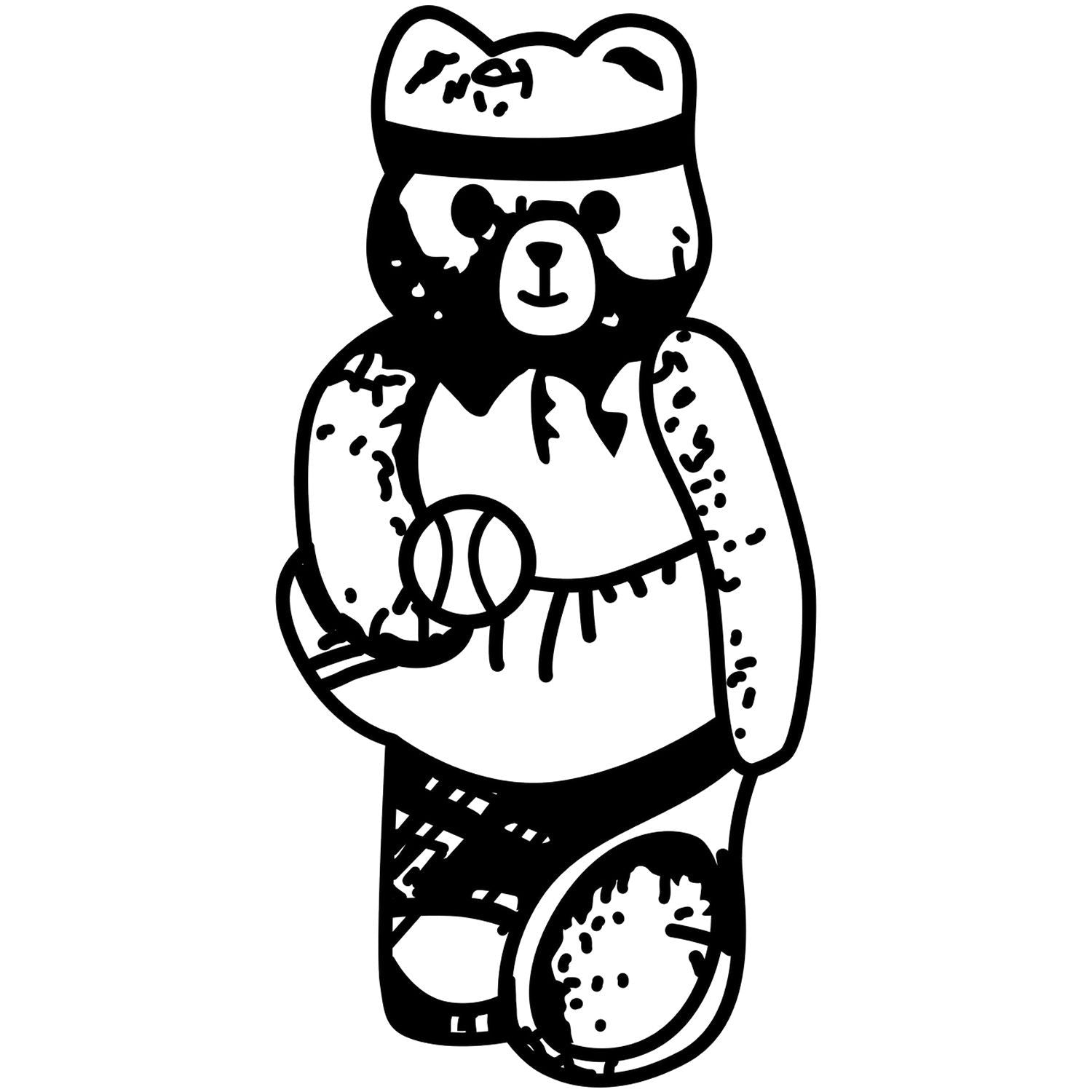 Black and white cartoon teddy bear holding a basketball, simple line art illustration with headband and sports theme