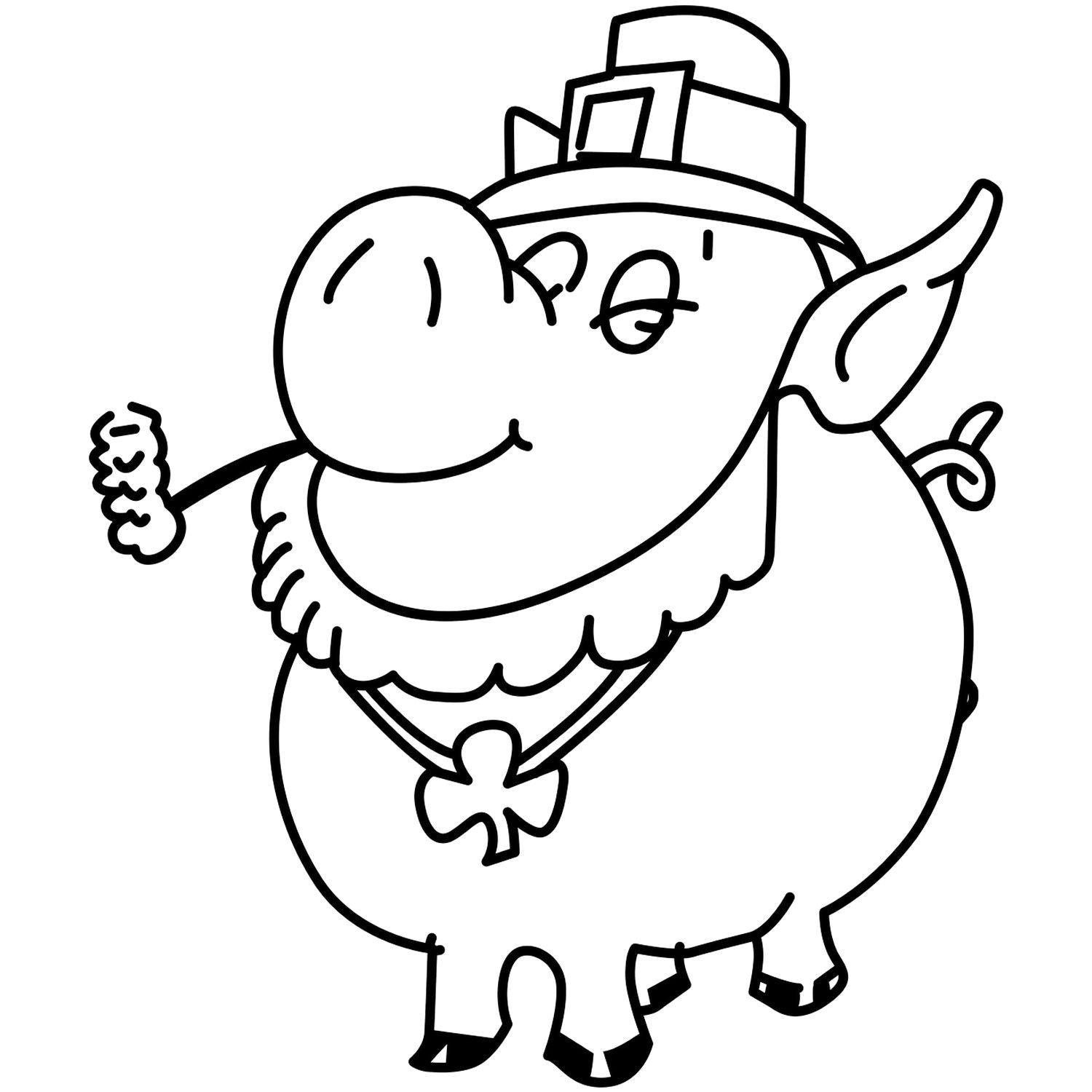 Cute cartoon leprechaun pig line art with shamrock necklace and St. Patricks Day hat coloring page illustration