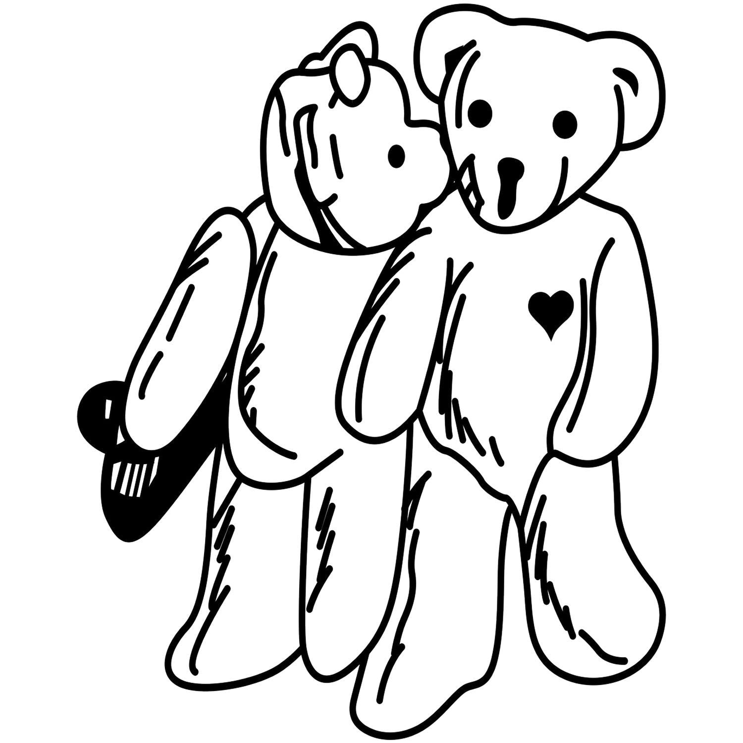 Black and white teddy bear couple line art illustration, cute hugging bears with heart detail, romantic minimal doodle design.