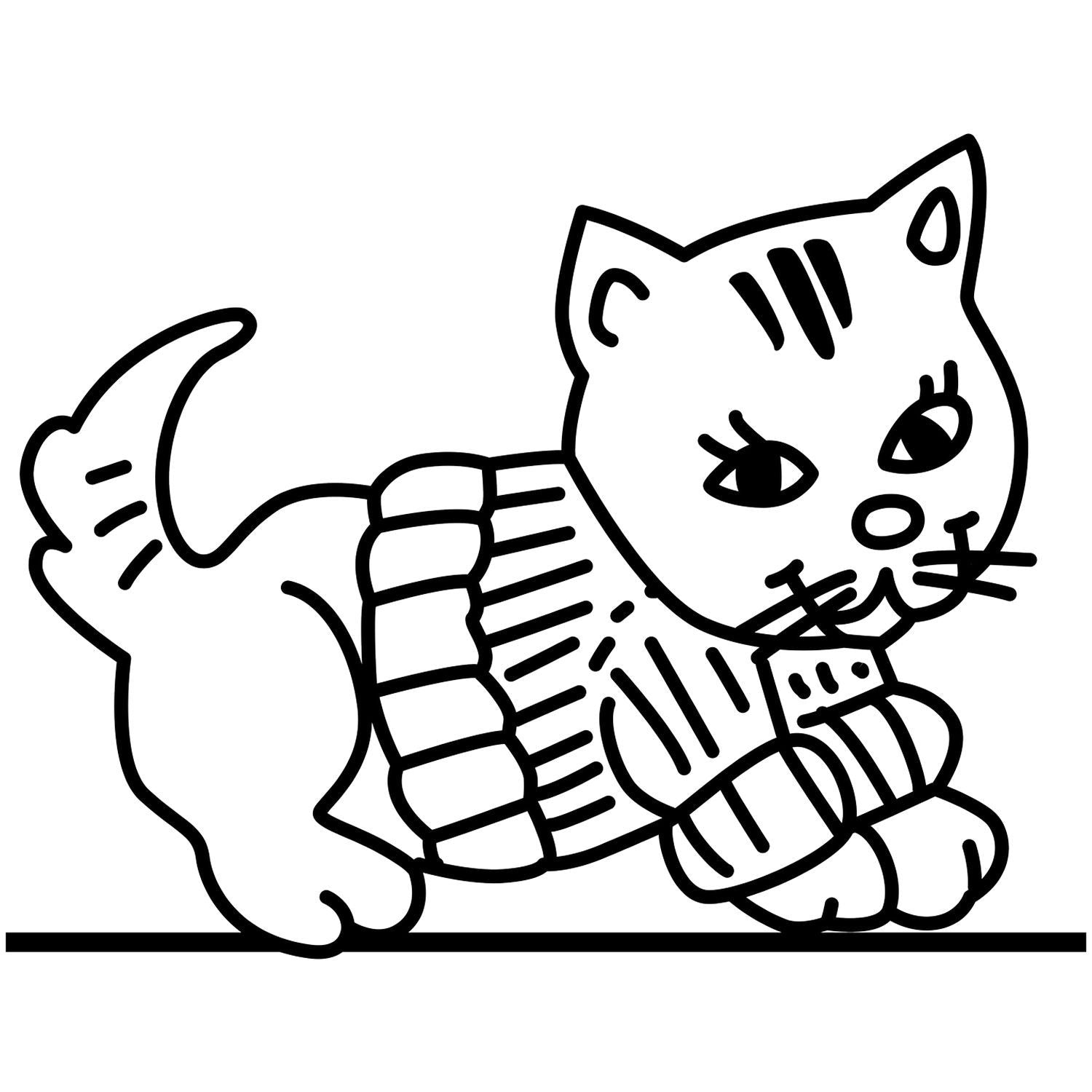 Cute black and white cat illustration wearing a striped sweater, cartoon pet line art on a white background.
