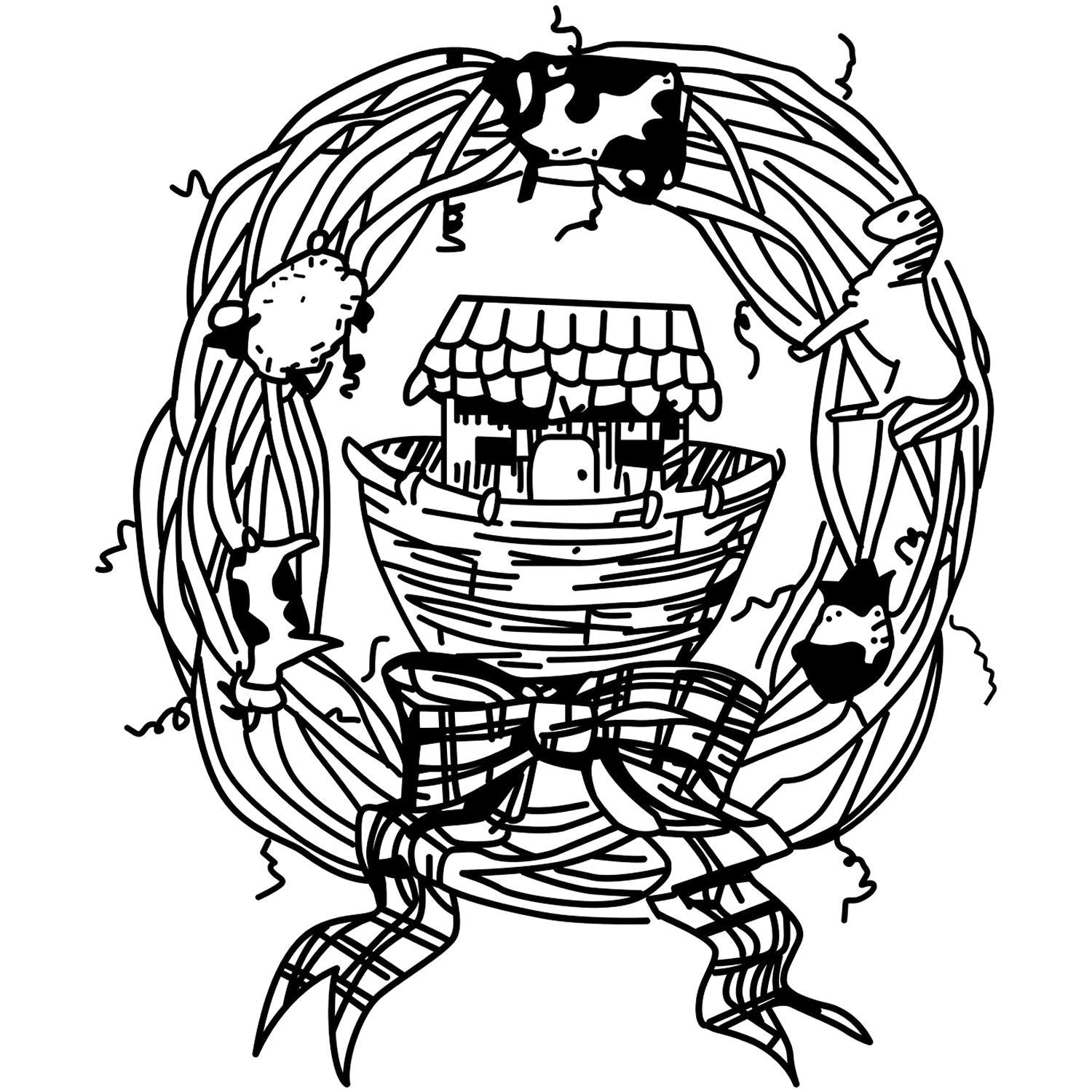Black and white farm coloring page with a rustic farmhouse, basket, and cows surrounded by winding vines.