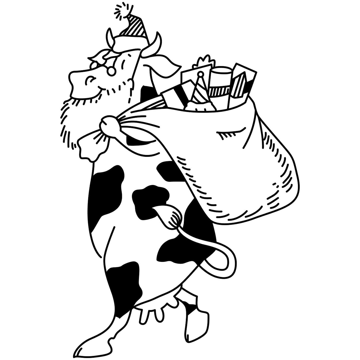 Cute cartoon cow dressed as Santa Claus carrying a sack of Christmas gifts, black and white holiday illustration