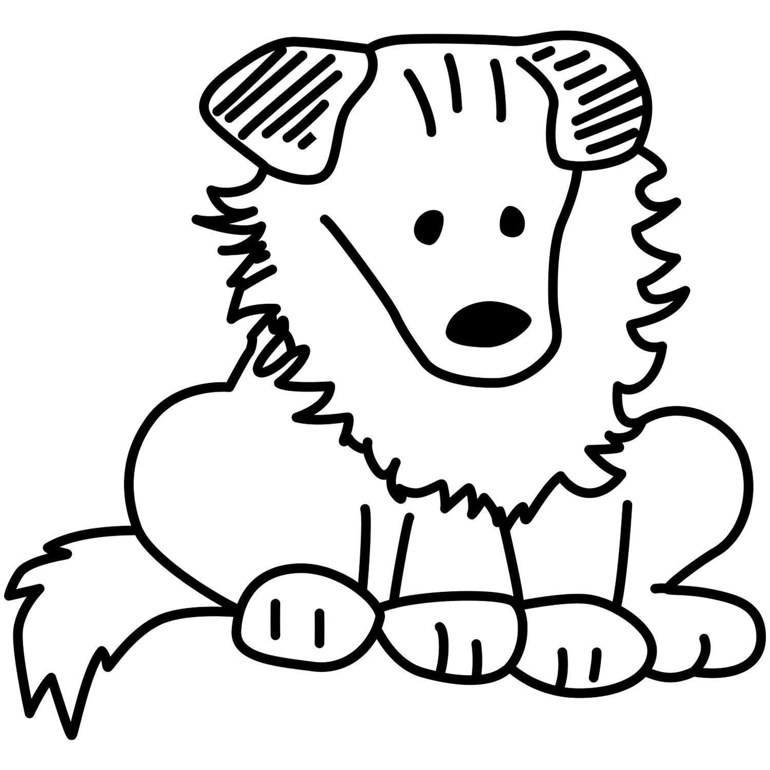 Cute black and white cartoon dog sitting, simple line art puppy illustration for coloring page.