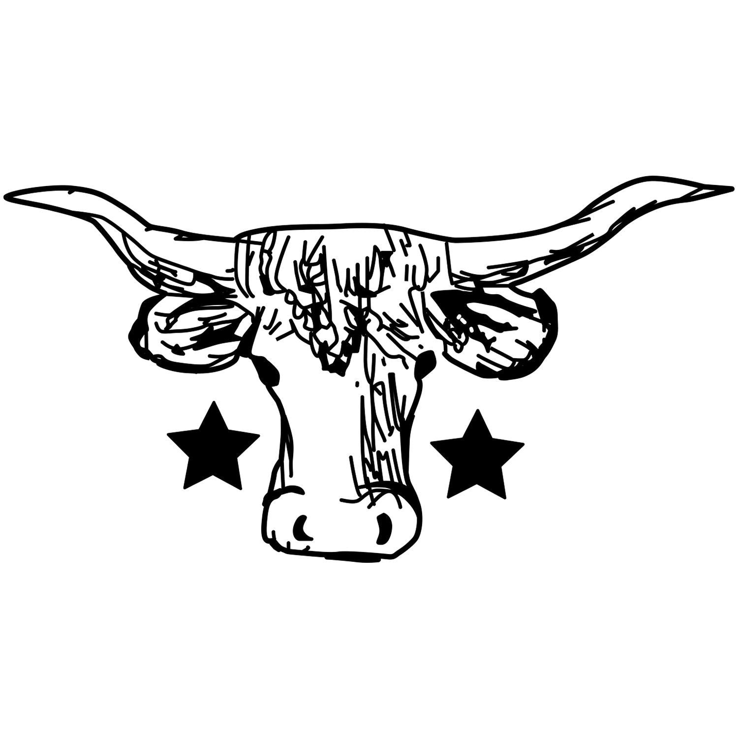Black longhorn skull illustration with stars, rustic western cattle head line art on white background