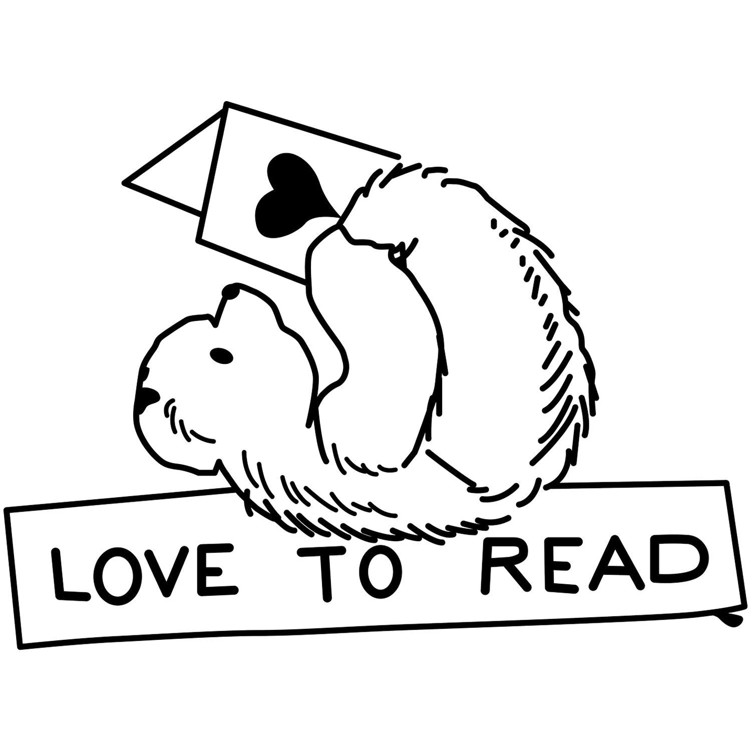 Cute bear reading logo with envelope heart icon and Love to Read banner, black and white line art.
