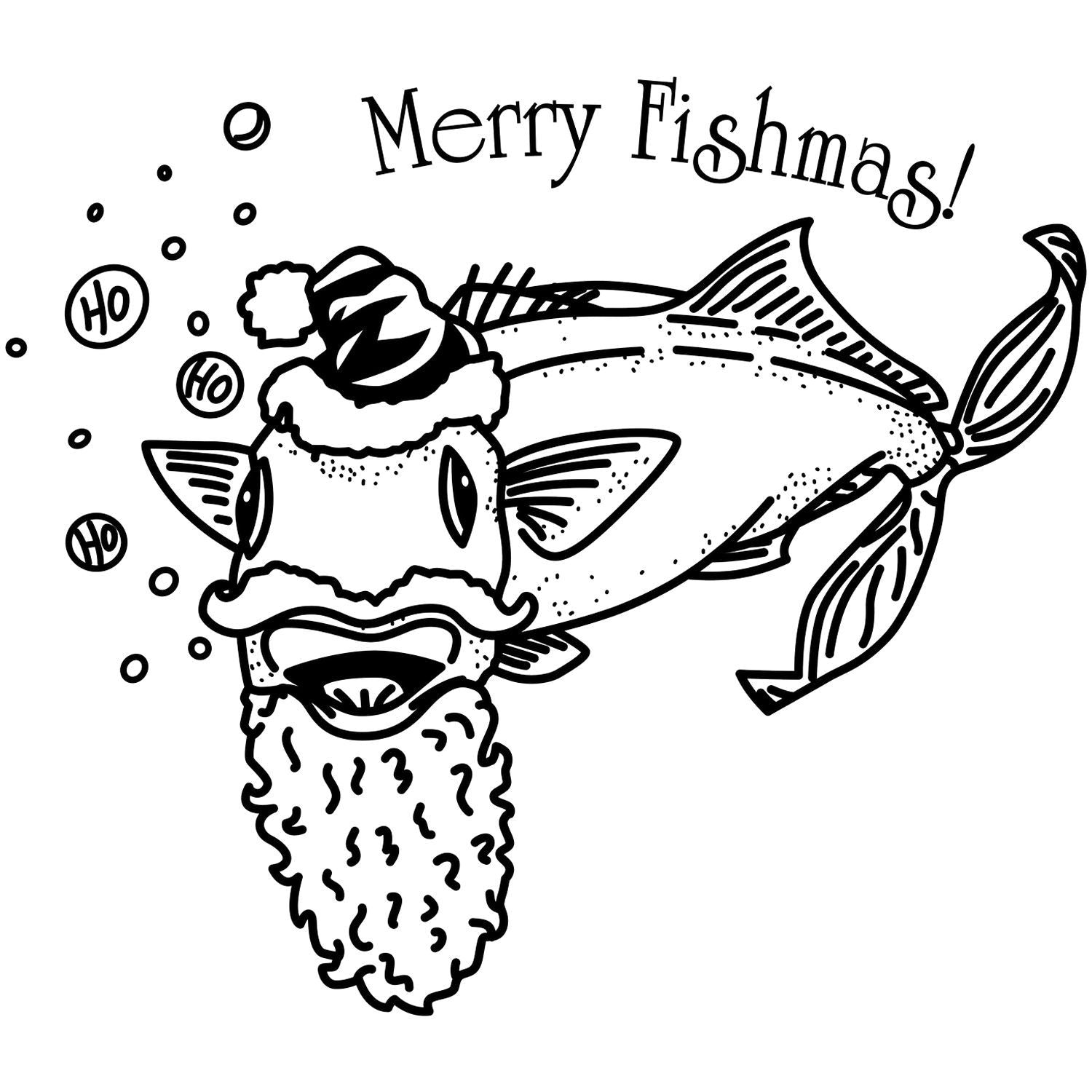 Black and white Merry Fishmas Christmas fish illustration with Santa hat, beard, and holiday bubbles.