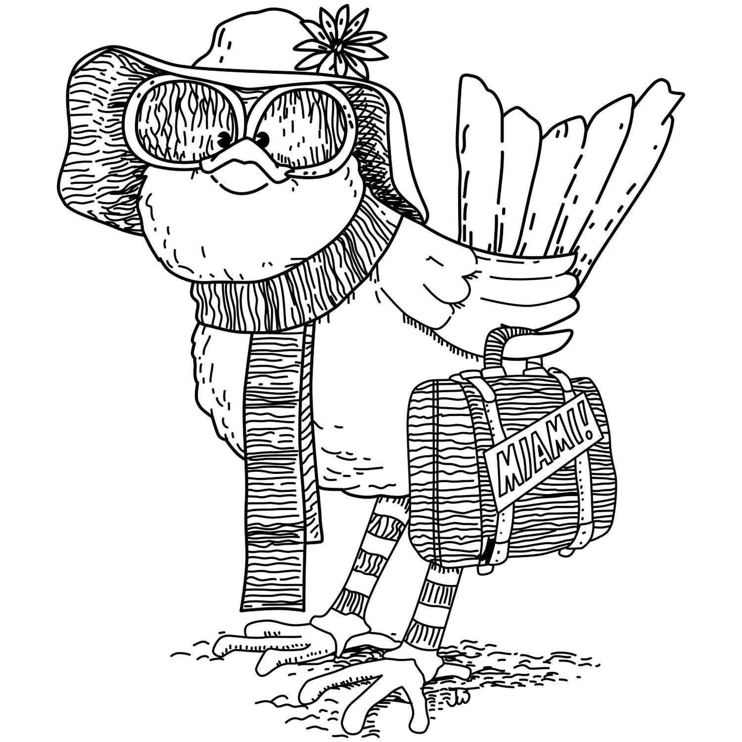 Black and white cartoon flamingo travel illustration wearing sunglasses and hat, holding a Miami suitcase.