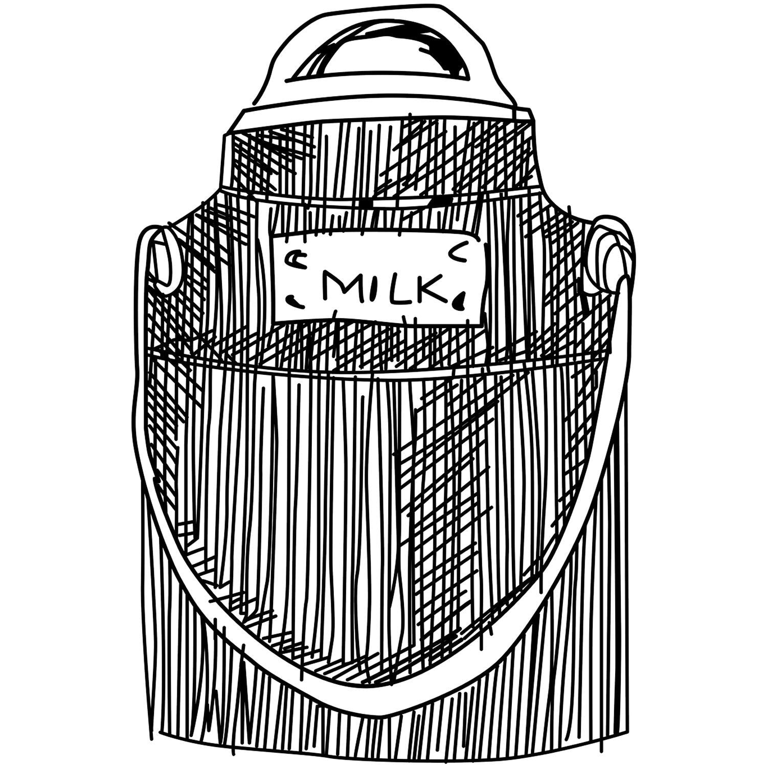 Black and white hand-drawn milk carton illustration with MILK label, front view sketch of a dairy container
