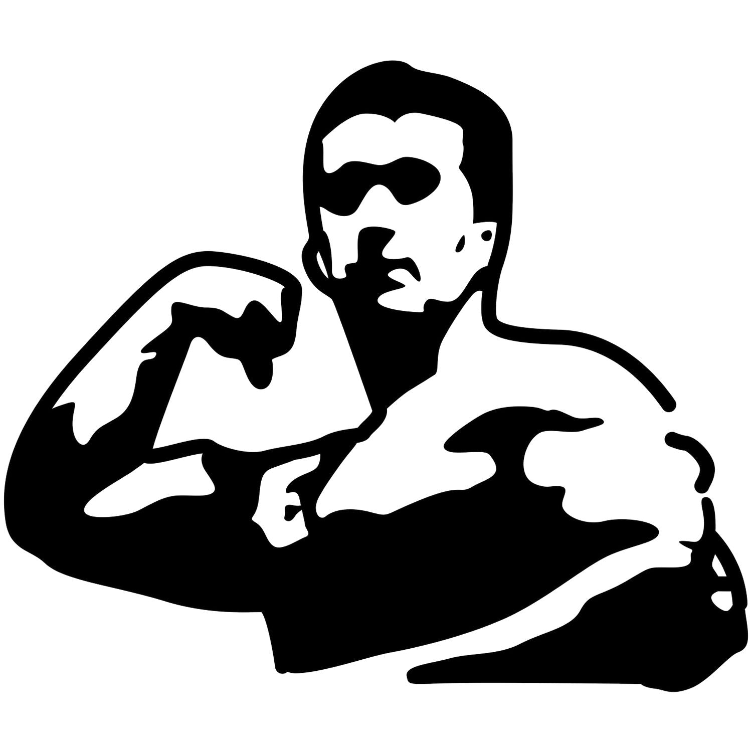 Black and white silhouette of a muscular man flexing his biceps, fitness and bodybuilding icon illustration.