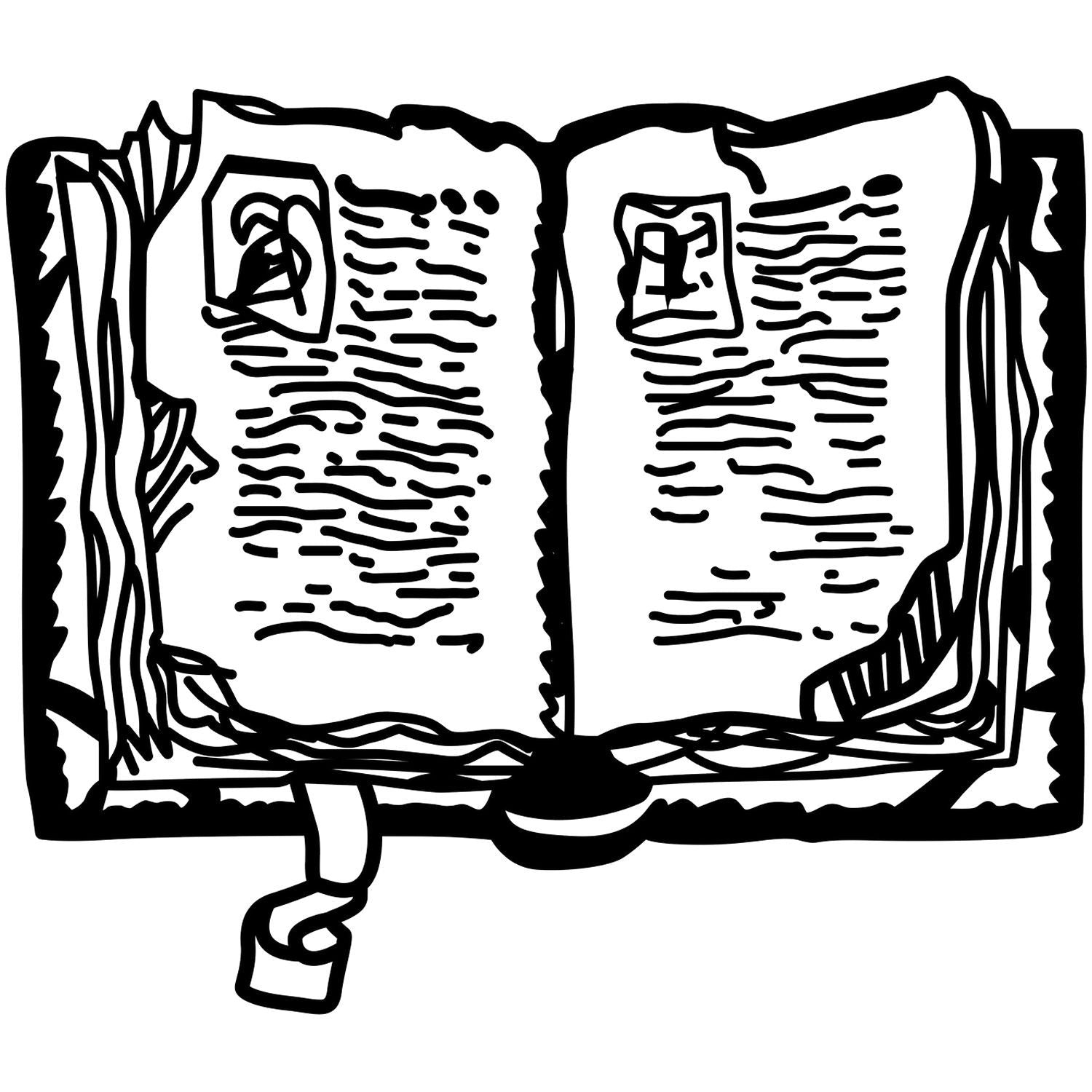 Black and white hand-drawn open book illustration with vintage-style pages and bookmark, reading and education clipart.