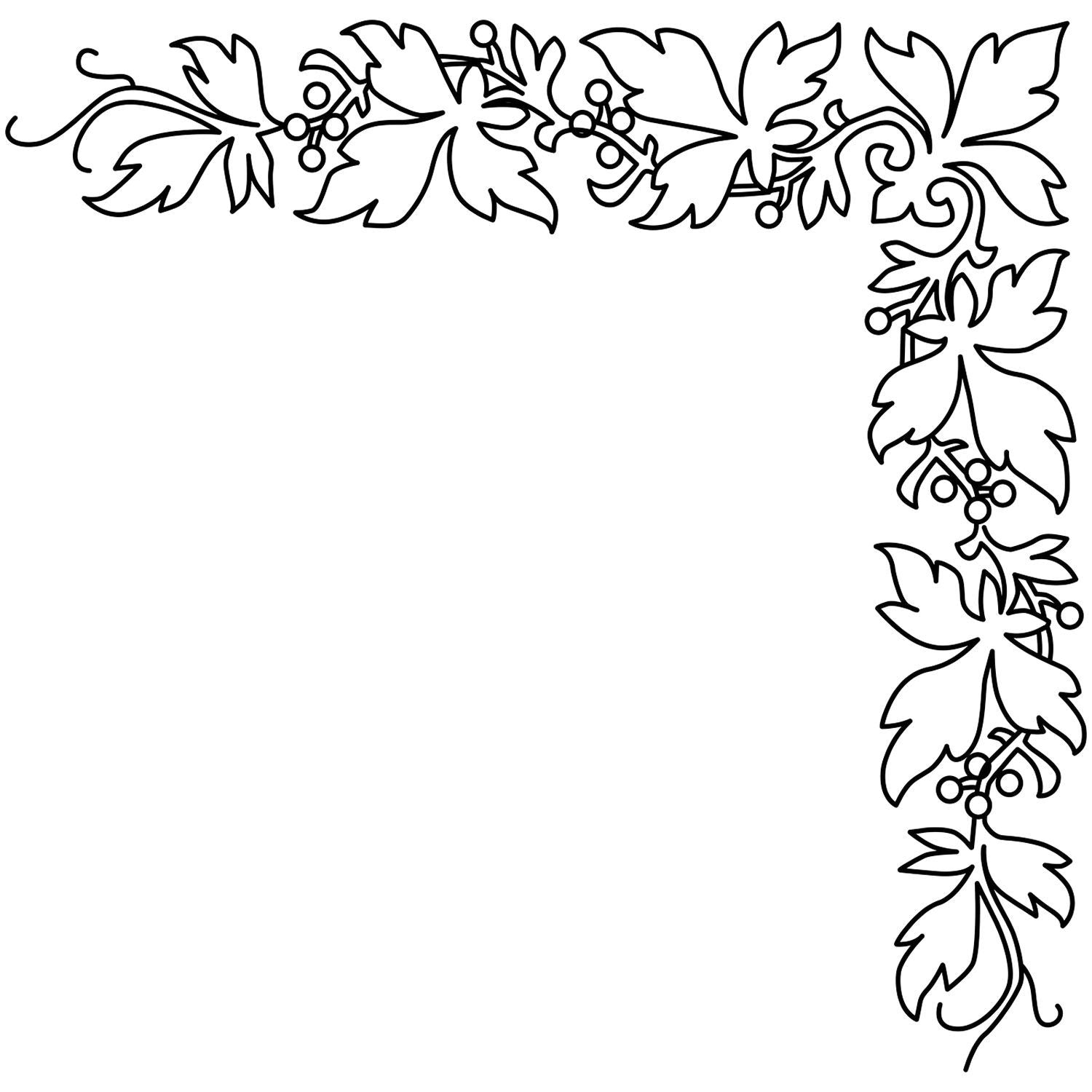 Black and white floral vine corner border with leaves and berries, decorative botanical frame design.
