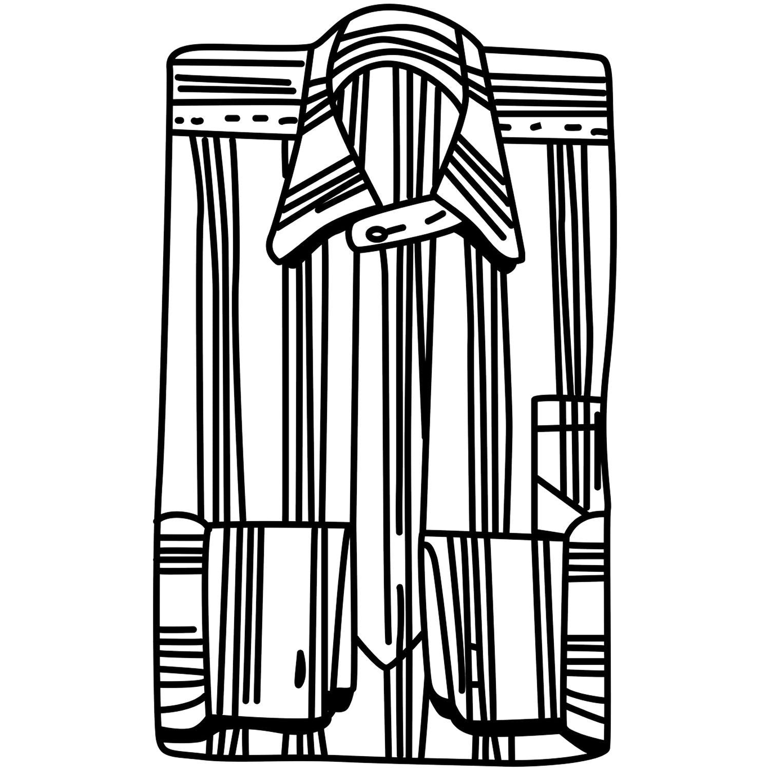 Black and white line art of a traditional striped woven garment with geometric textile pattern.