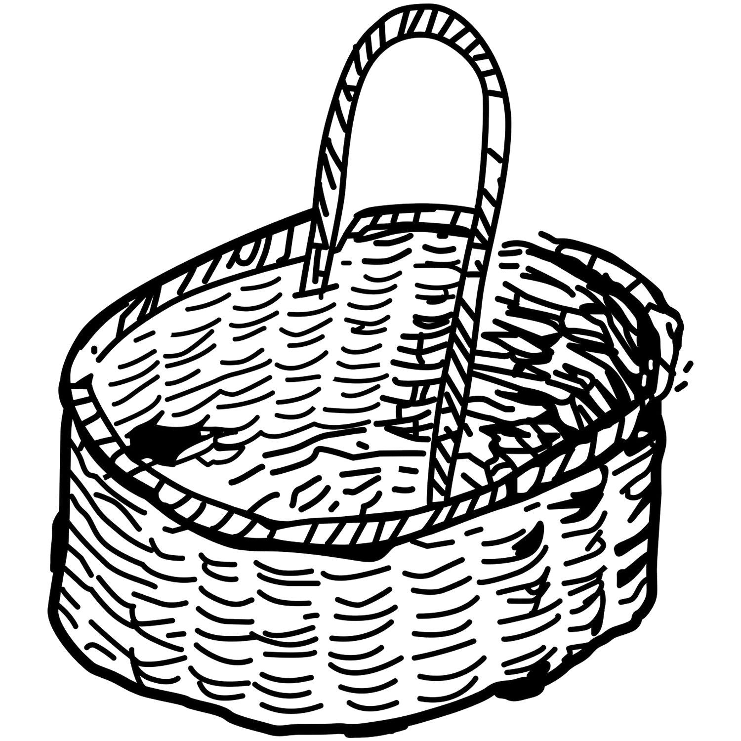 Black and white wicker basket illustration with handle, hand-drawn woven picnic basket line art.