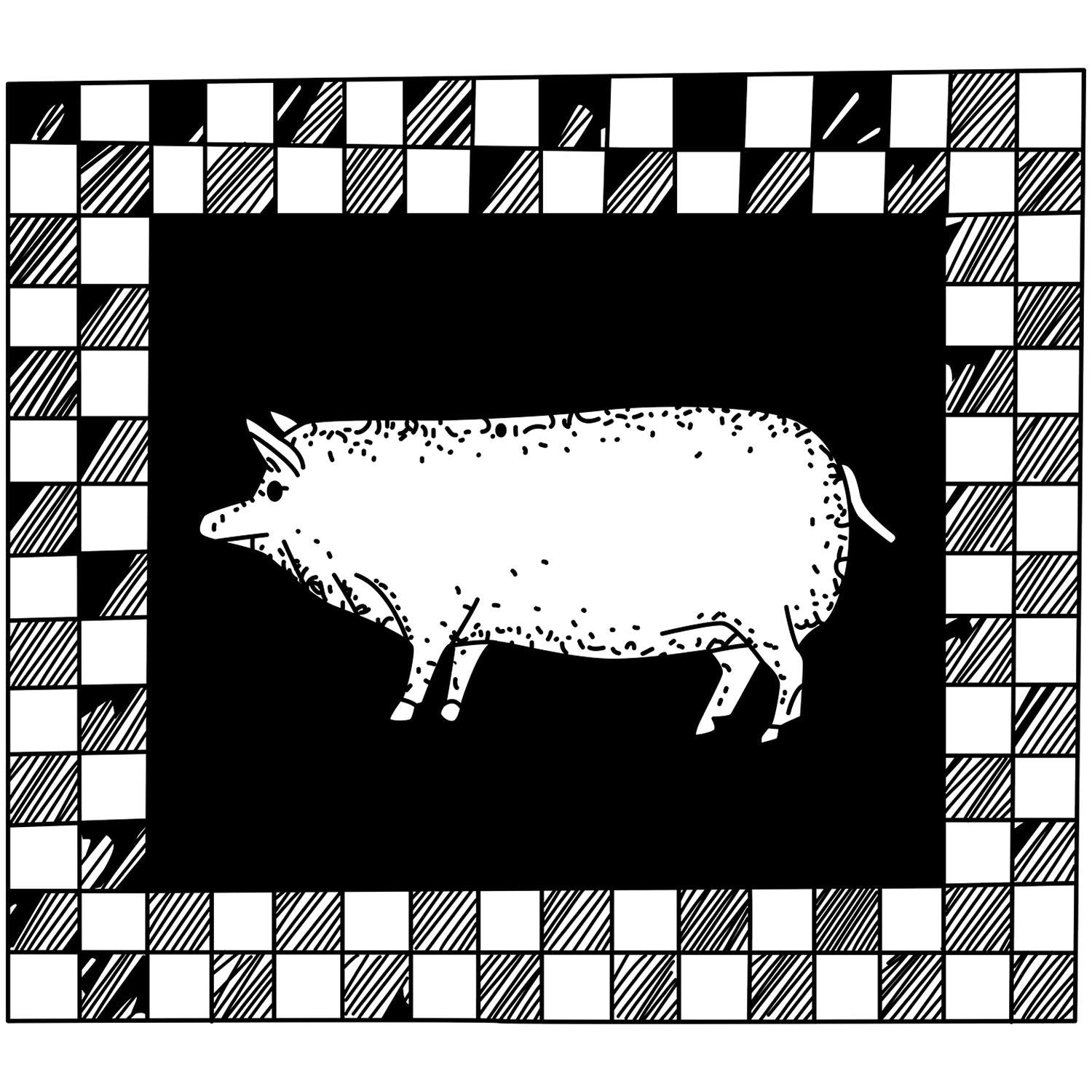 Black and white pig illustration with a decorative checkered border.