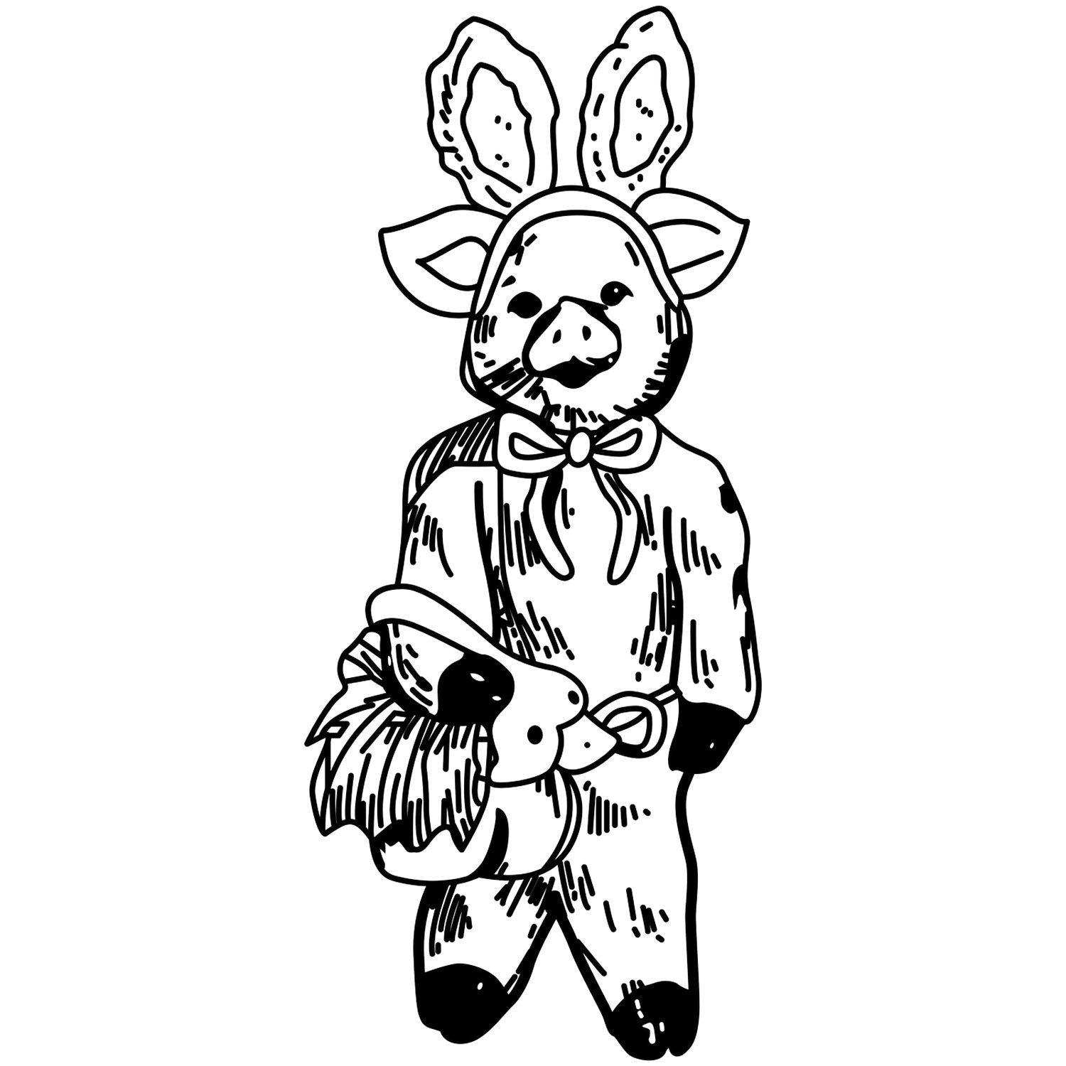 Black and white cute piglet in bunny ears, bow tie, holding a stuffed toy, hand-drawn animal illustration.