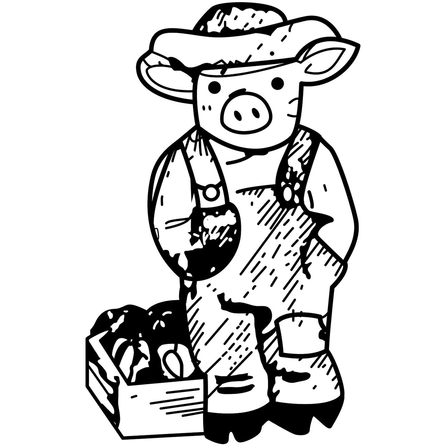 Black and white cartoon pig farmer in overalls and a hat, standing beside a crate of produce, farm animal illustration.