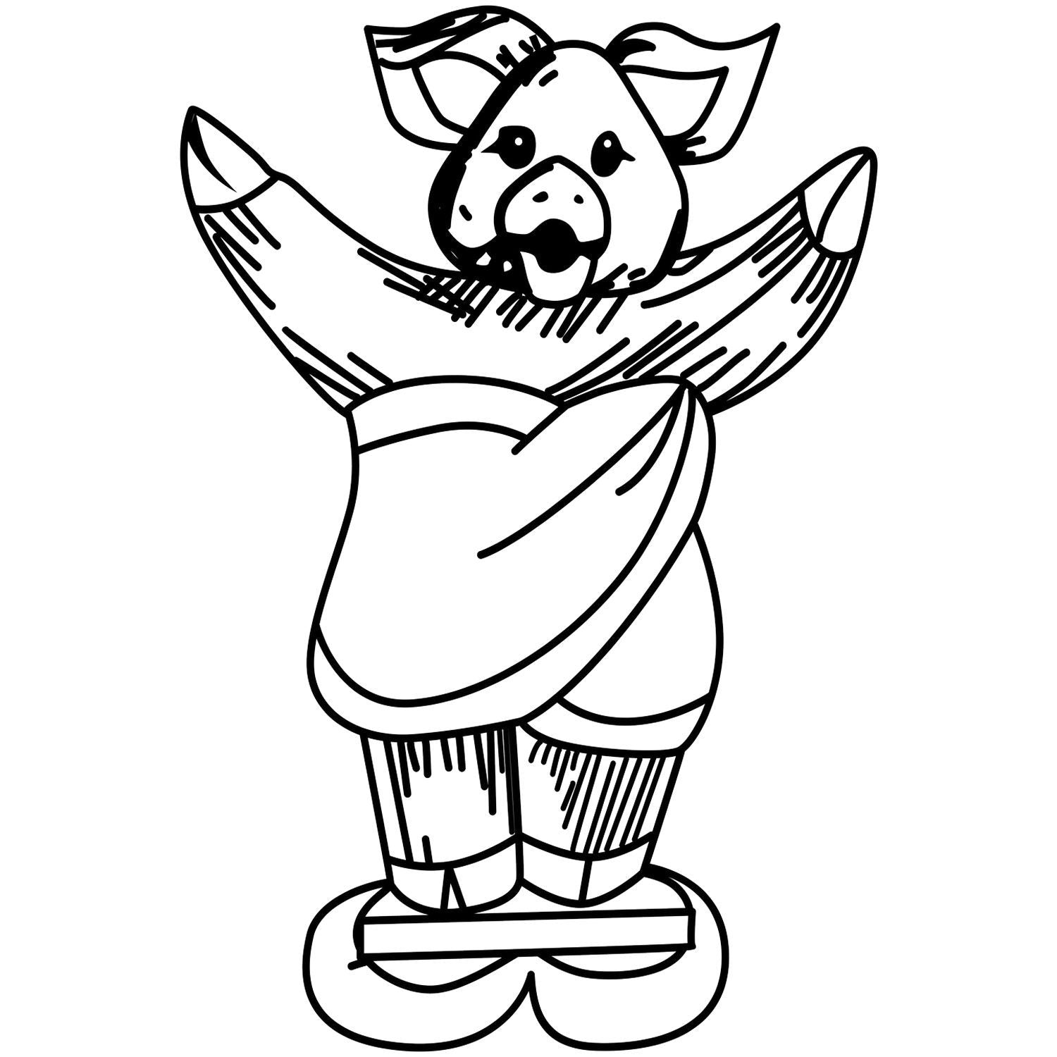 Cute cartoon pig coloring page, black and white line art of a pig in a dress standing on a board.