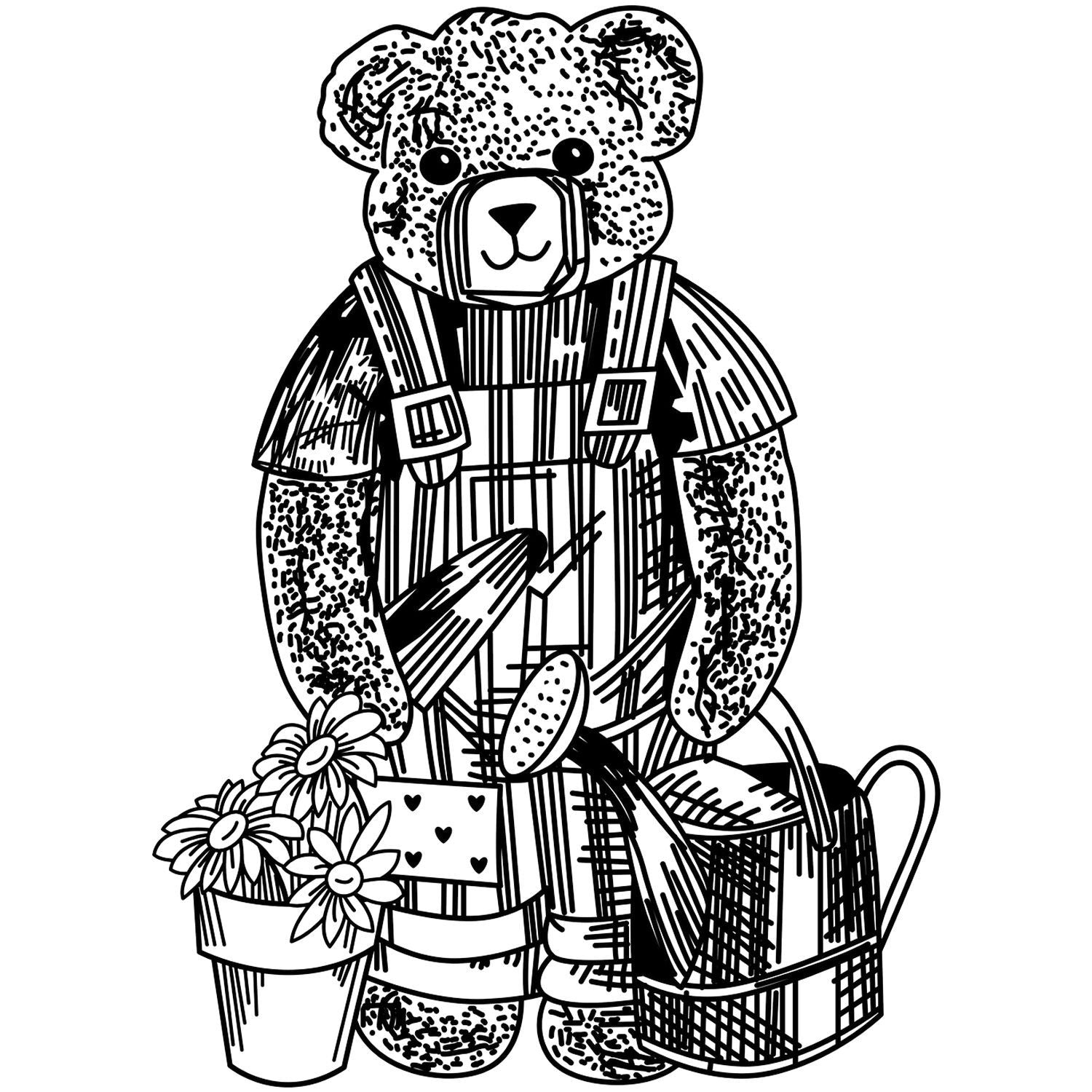 Black and white teddy bear illustration in overalls with flowers and a watering can, cute nursery wall art design.
