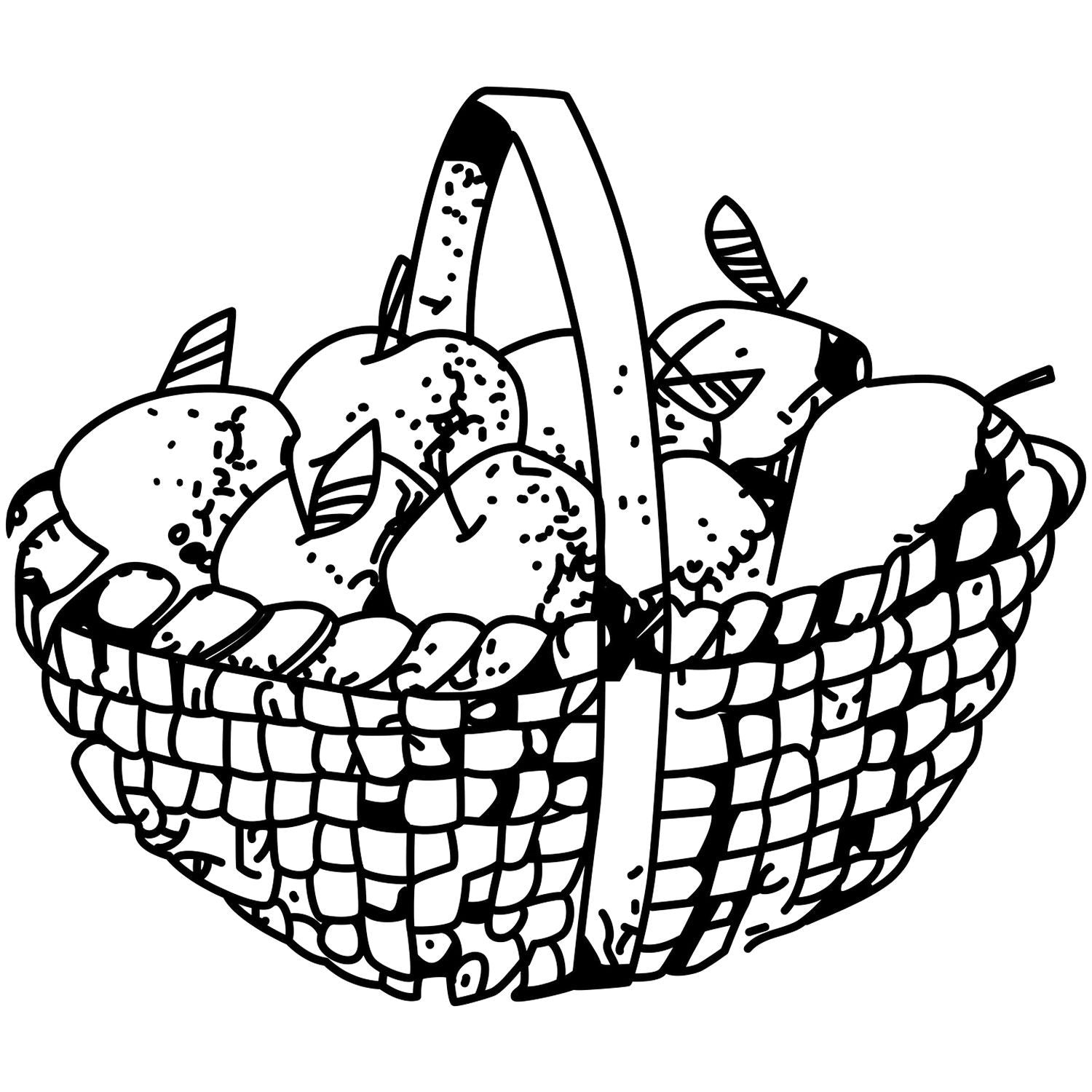 Black and white fruit basket illustration with apples and bananas, hand-drawn coloring page style.