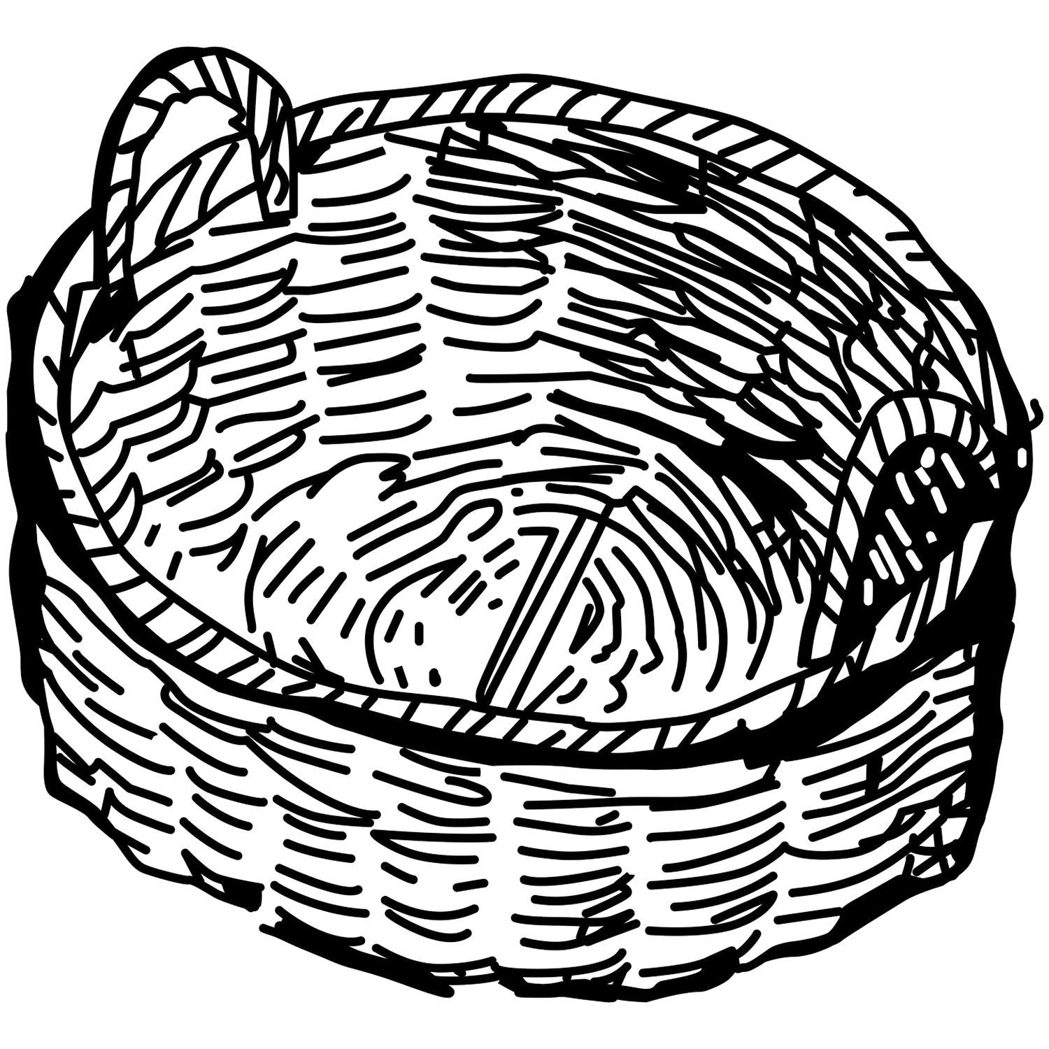 Black and white hand-drawn woven wicker basket illustration isolated on a white background.