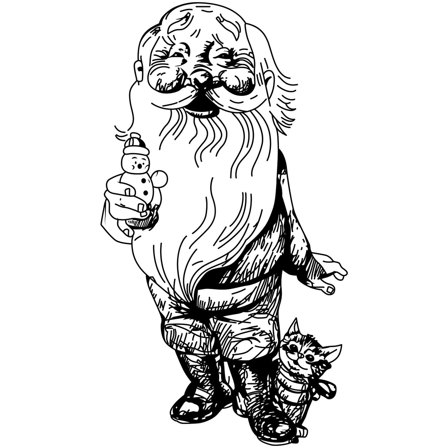 Black and white whimsical gnome coloring page holding a snowman, with a cat at his feet, hand-drawn winter cartoon illustration.