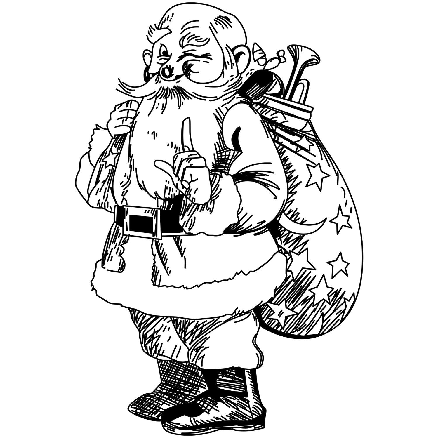Black and white cartoon Santa Claus holding a gift sack and making a shushing gesture, festive Christmas illustration.