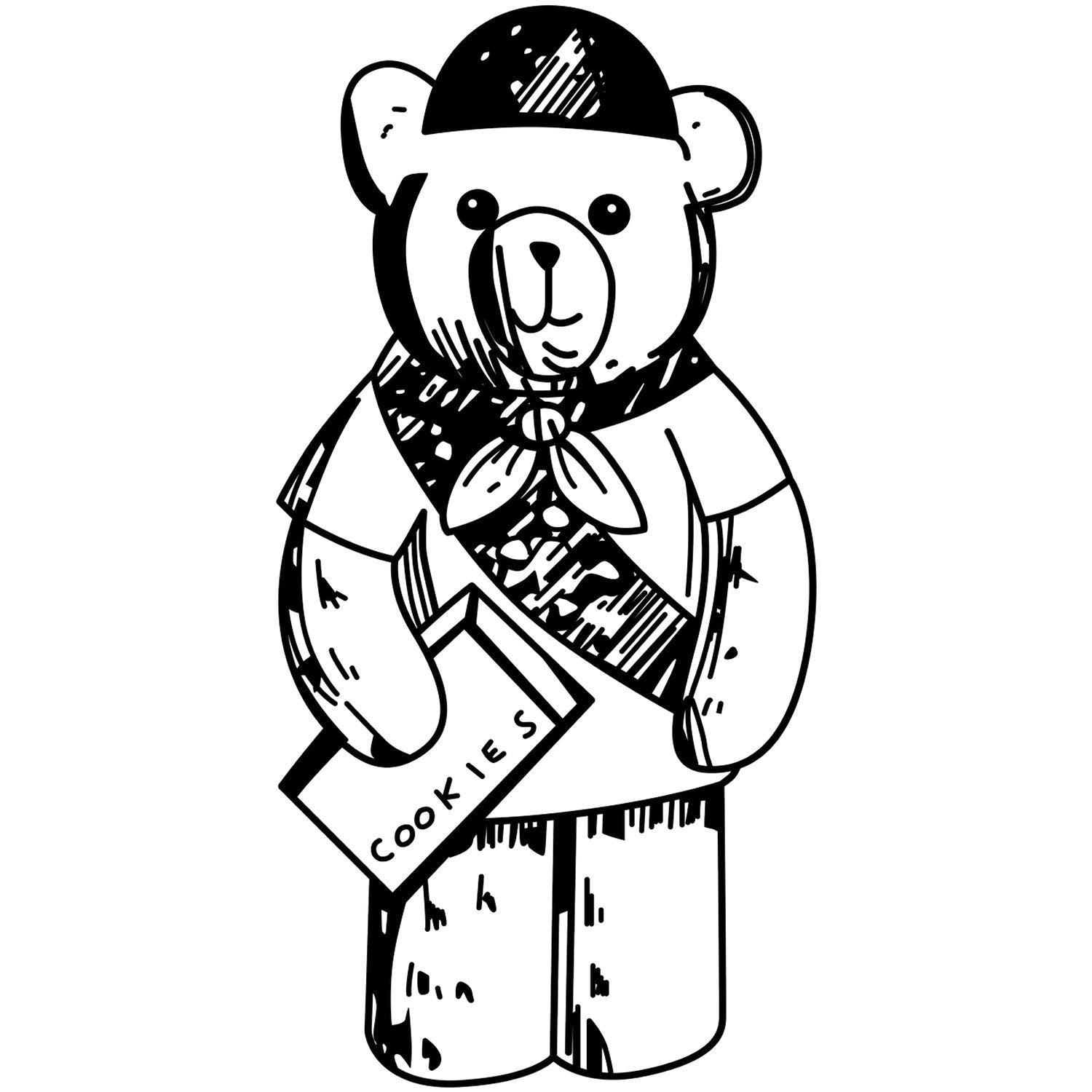 Black and white teddy bear illustration holding a cookies box and wearing a scarf and cap.