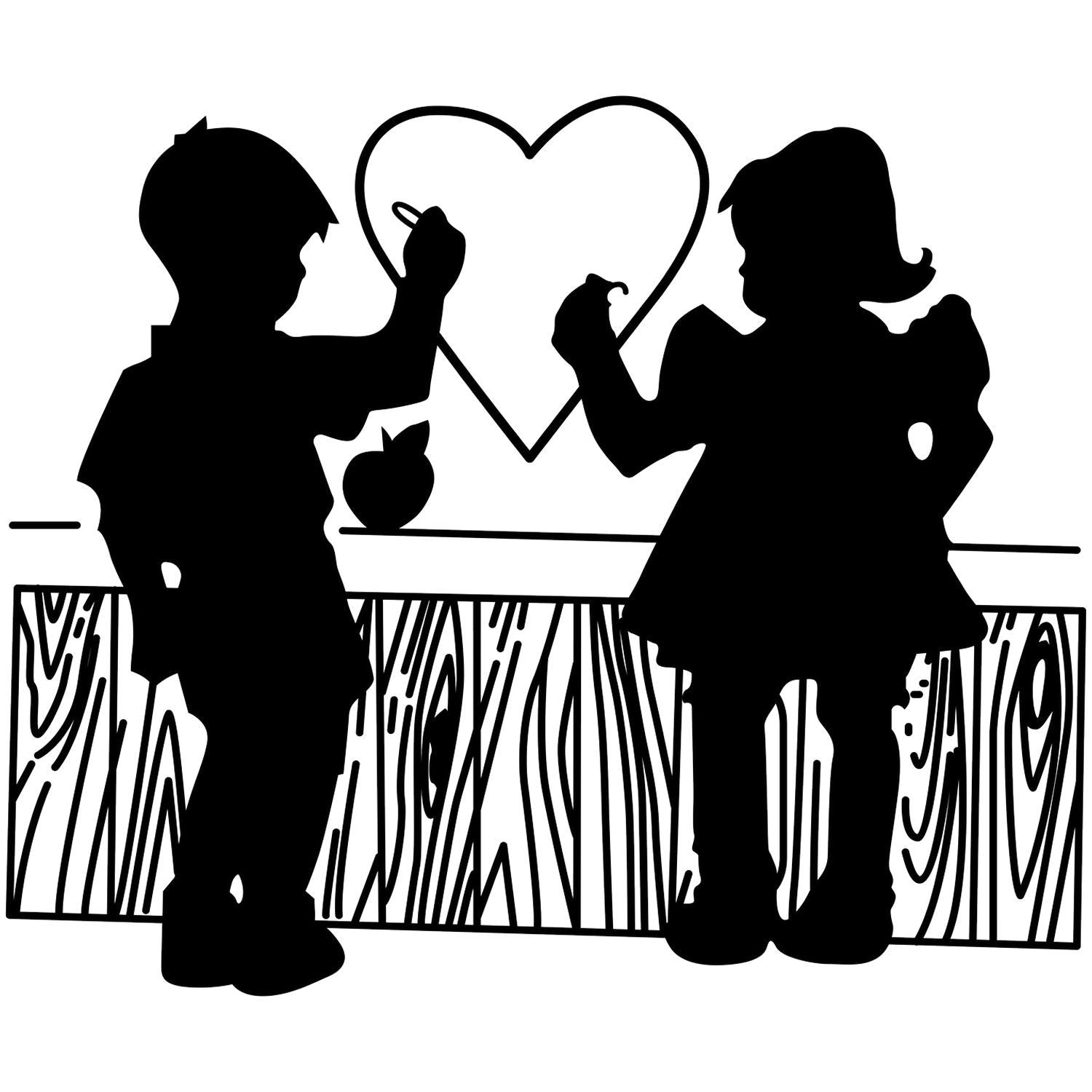 Silhouette of a boy and girl drawing a heart, romantic kids artwork on a white background