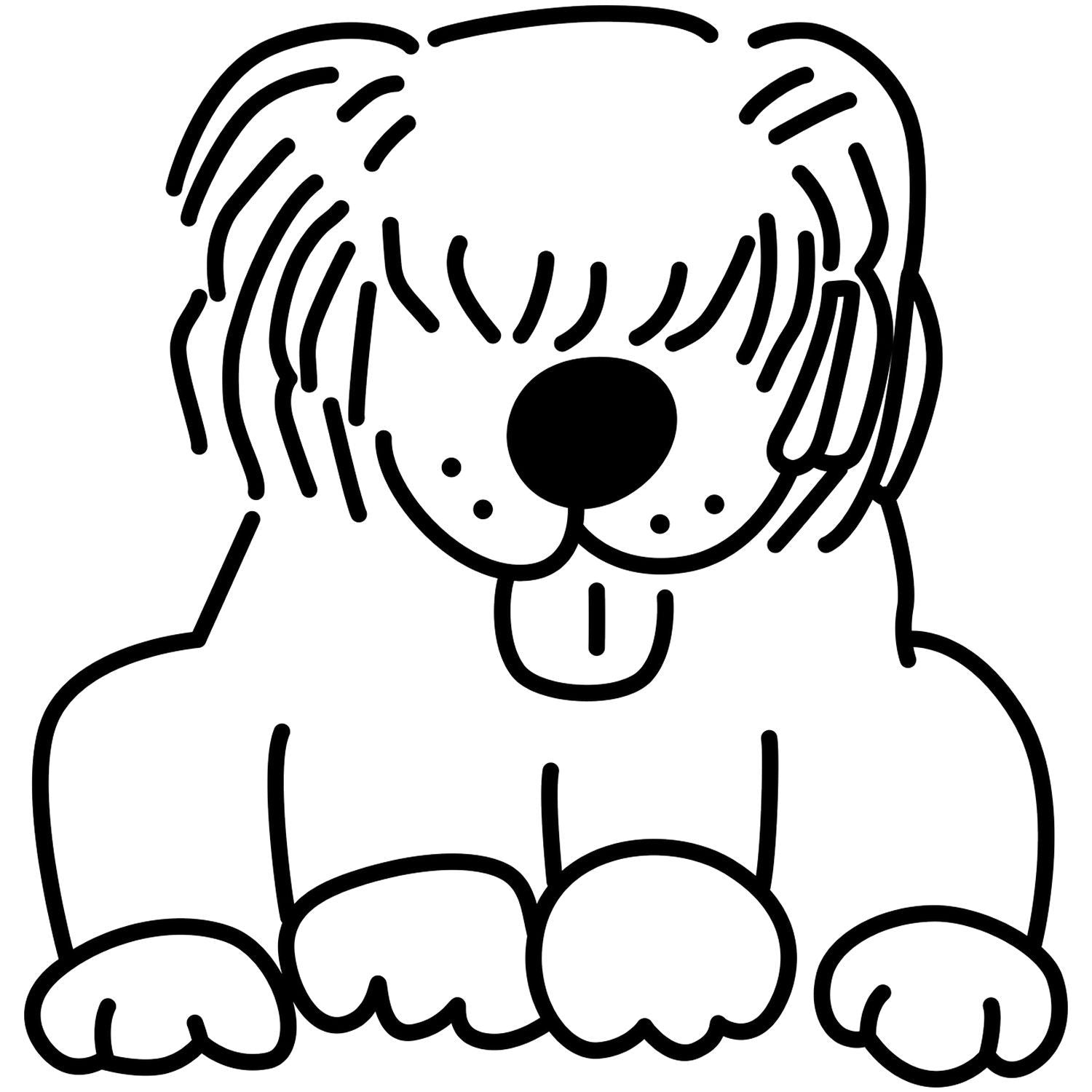 Cute black and white cartoon dog outline illustration with tongue out, front view pet clipart.
