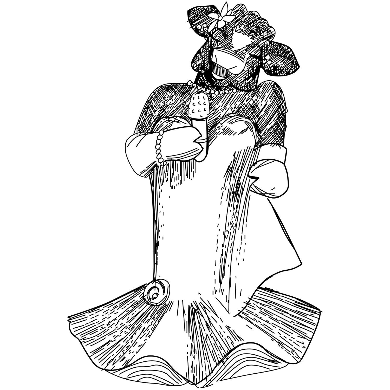 Black and white bridal fashion illustration of a woman in an elegant wedding dress with floral headpiece and gloves.