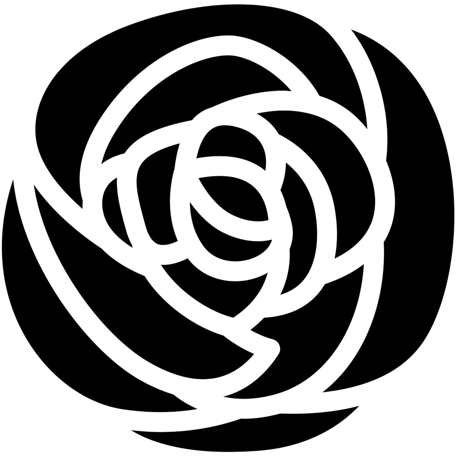 Abstract black and white interlocking rose logo design with circular geometric petals.