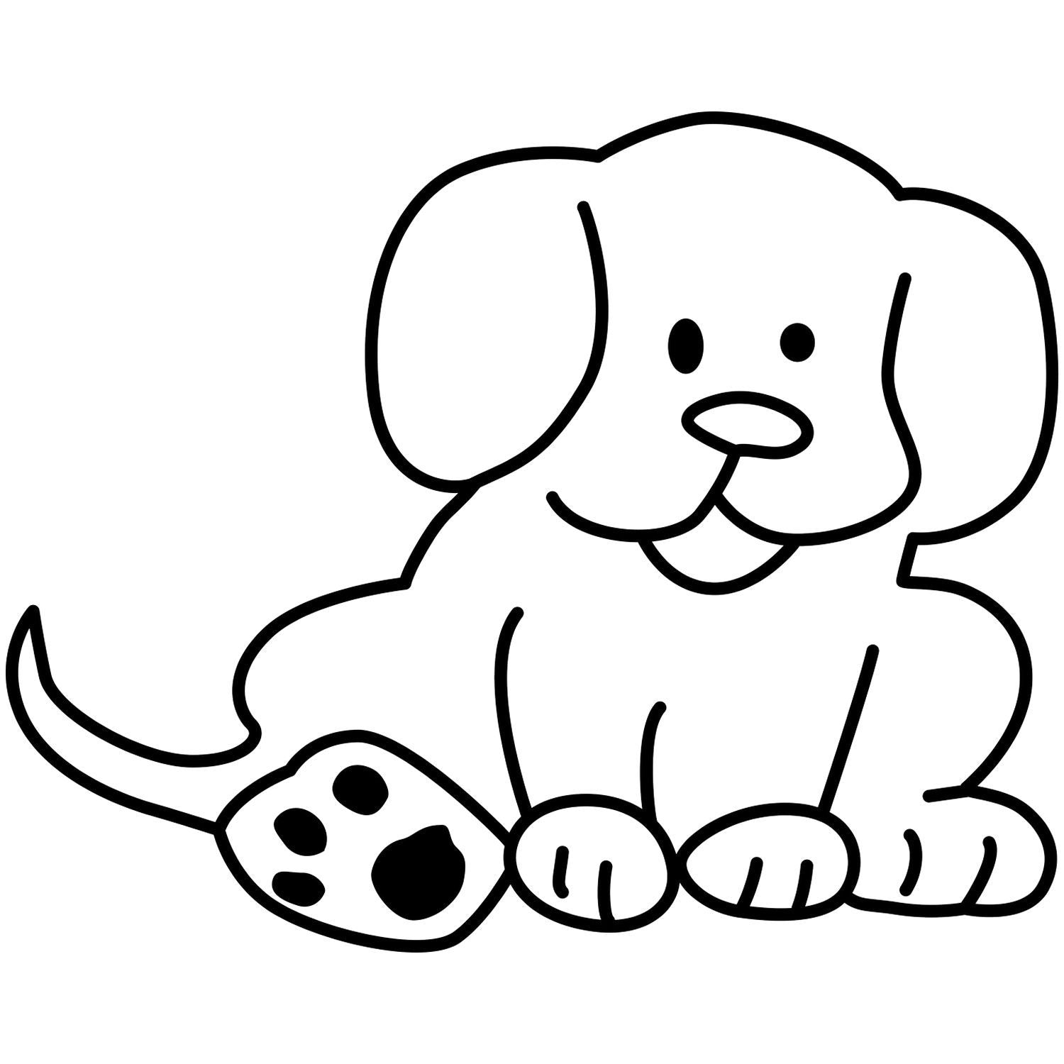 Cute cartoon puppy dog line drawing, black and white coloring page illustration of a sitting dog with paw print.