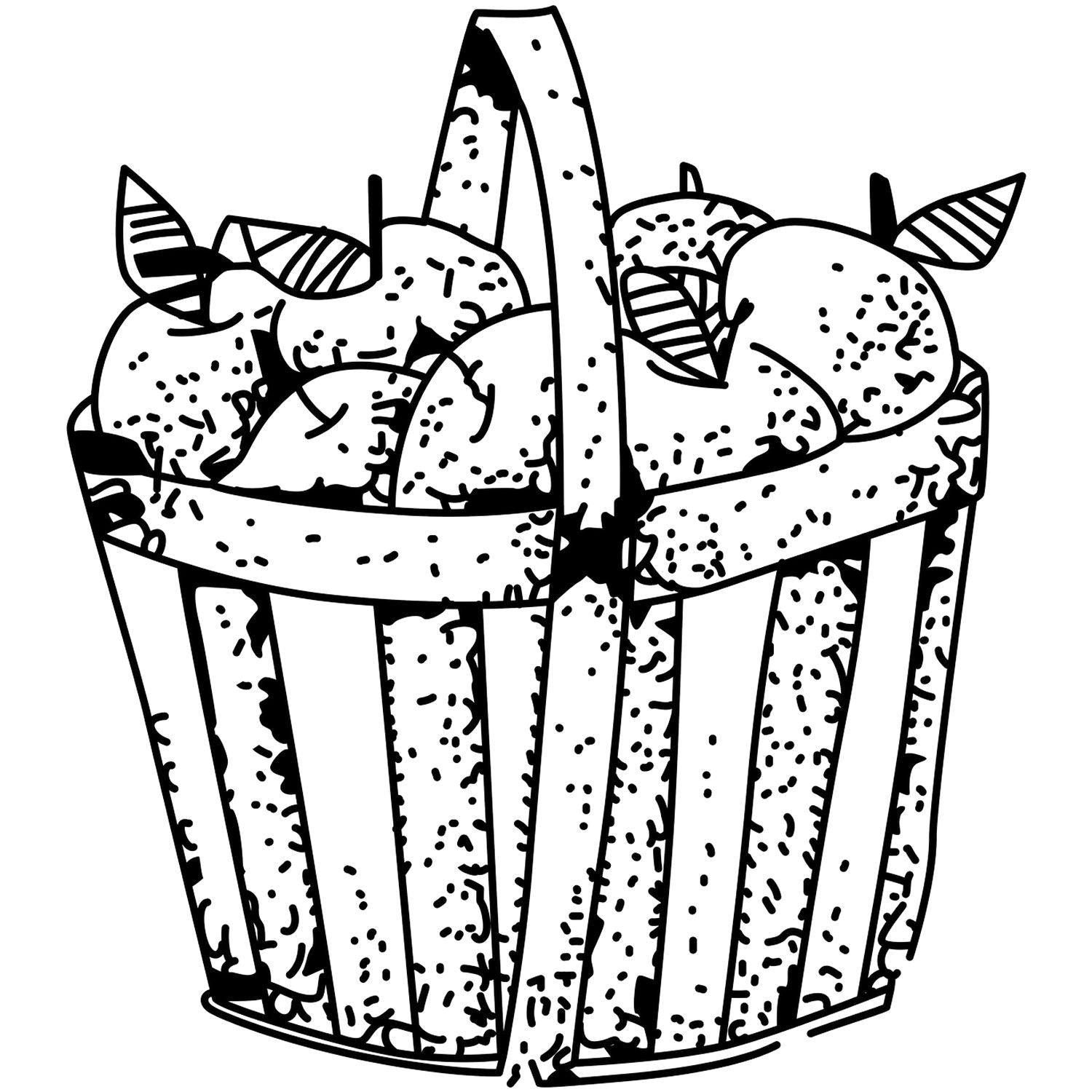 Black and white fruit basket coloring page with assorted fruit in a striped basket.