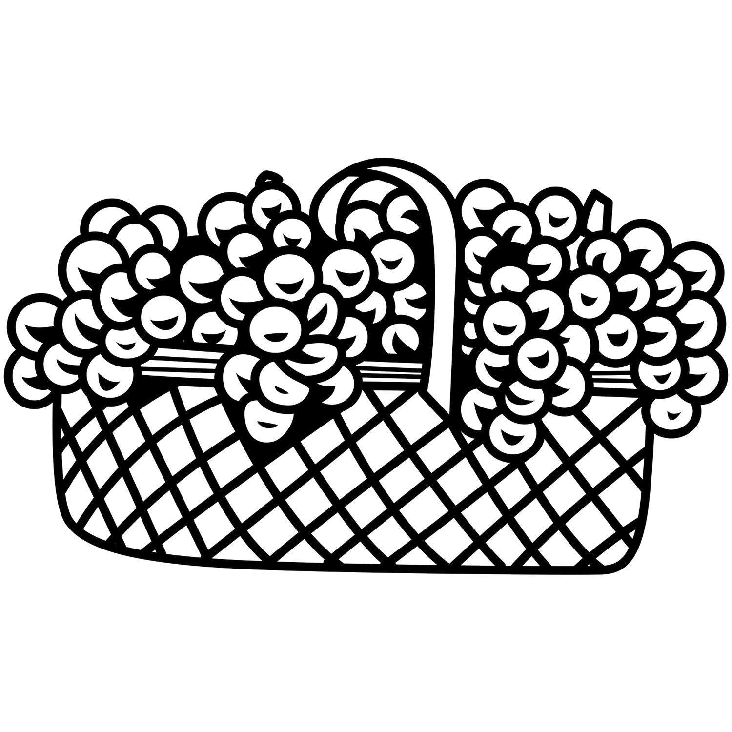 Black and white line art of a woven basket overflowing with grapes, fruit basket clipart illustration.