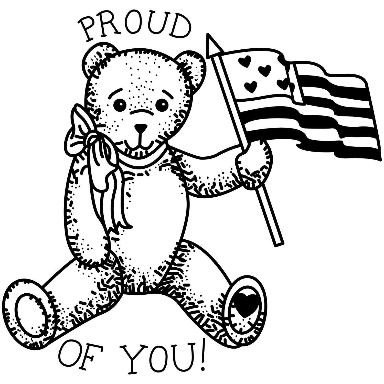 Cute black and white teddy bear holding an LGBTQ+ pride flag with hearts and the words Proud of You!