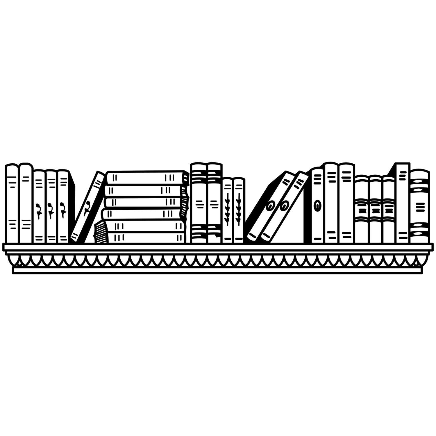 Black and white bookshelf illustration with assorted books on a decorative shelf, vintage book clipart.