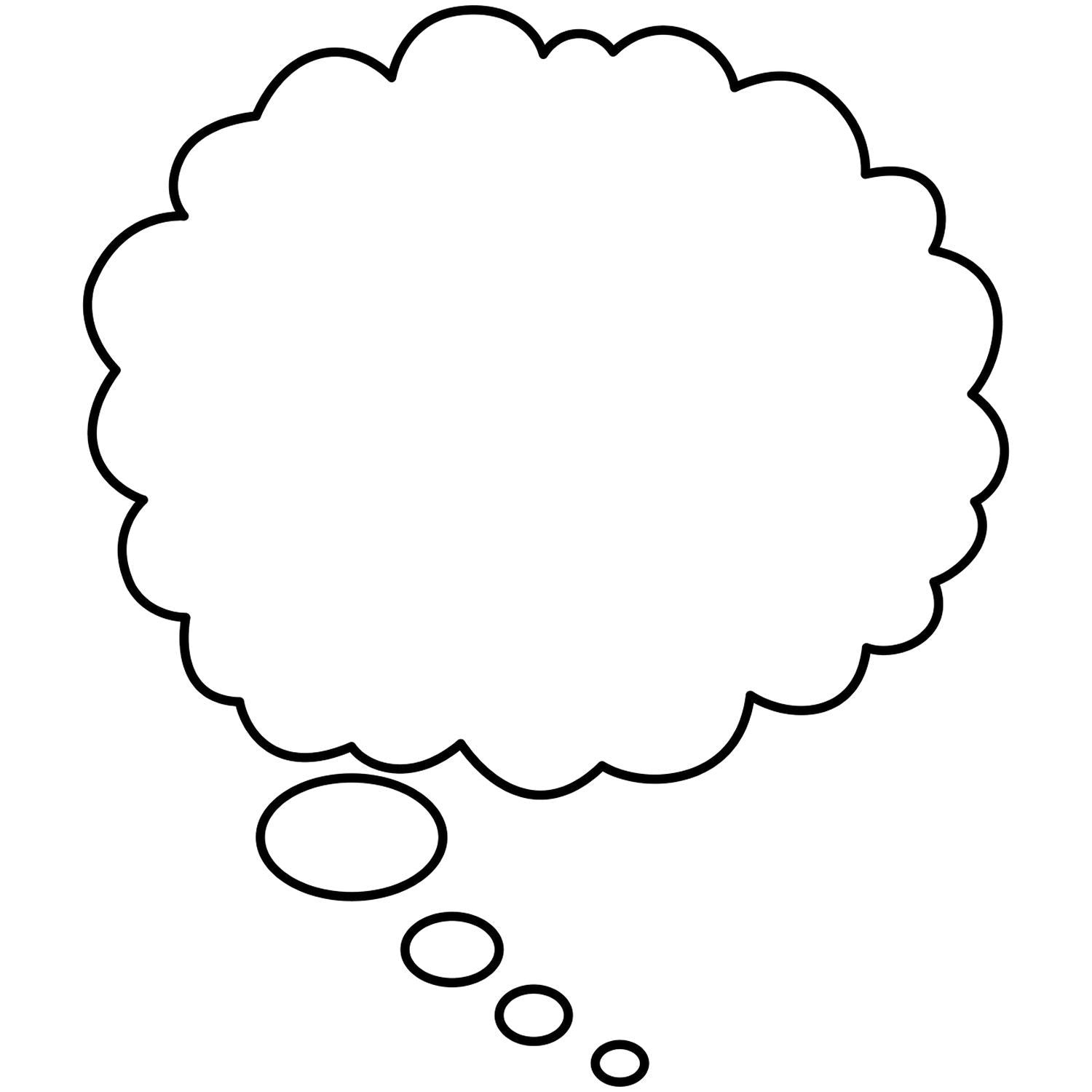 Black outline thought bubble icon, empty comic-style speech cloud with three trailing circles on white background.
