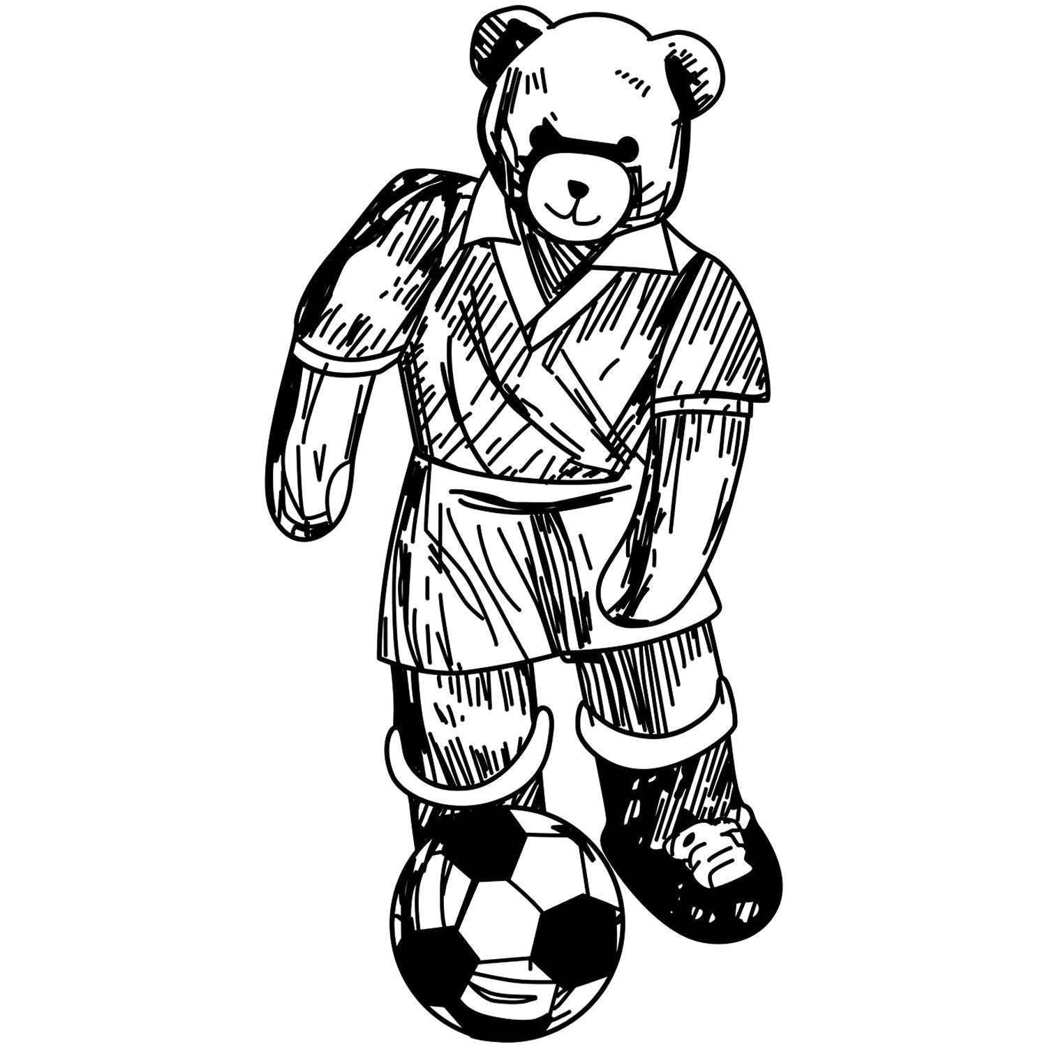 Black and white teddy bear in soccer uniform standing with a soccer ball, hand-drawn sports illustration.