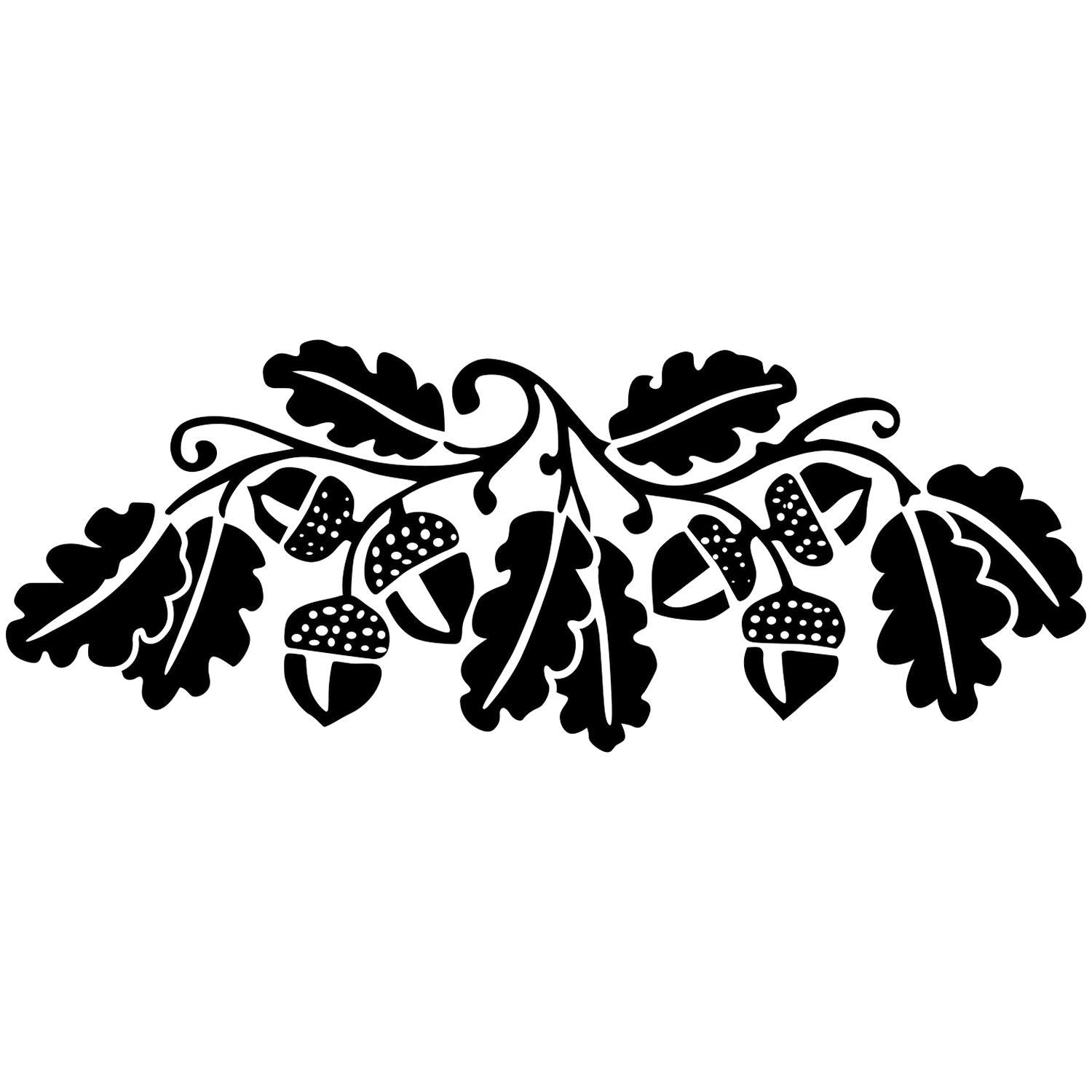 Black oak leaf and acorn decorative vine silhouette on a white background, botanical clipart design.