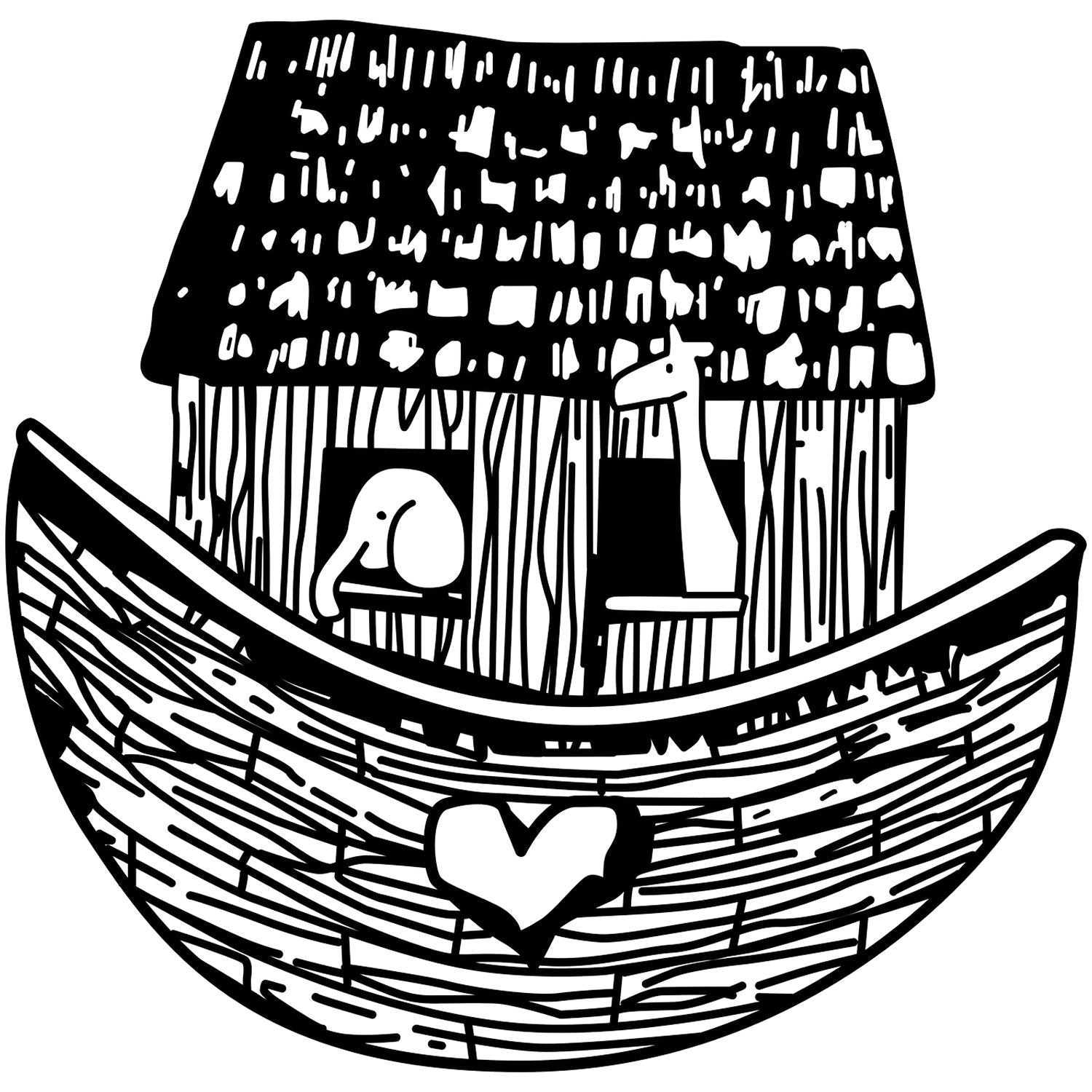 Black and white cartoon boat illustration with a wooden cabin and heart symbol on the bow