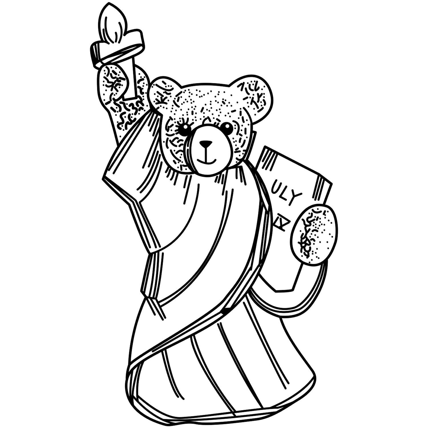 Black and white line art of a cute teddy bear in a dress holding a moon, coloring page illustration.