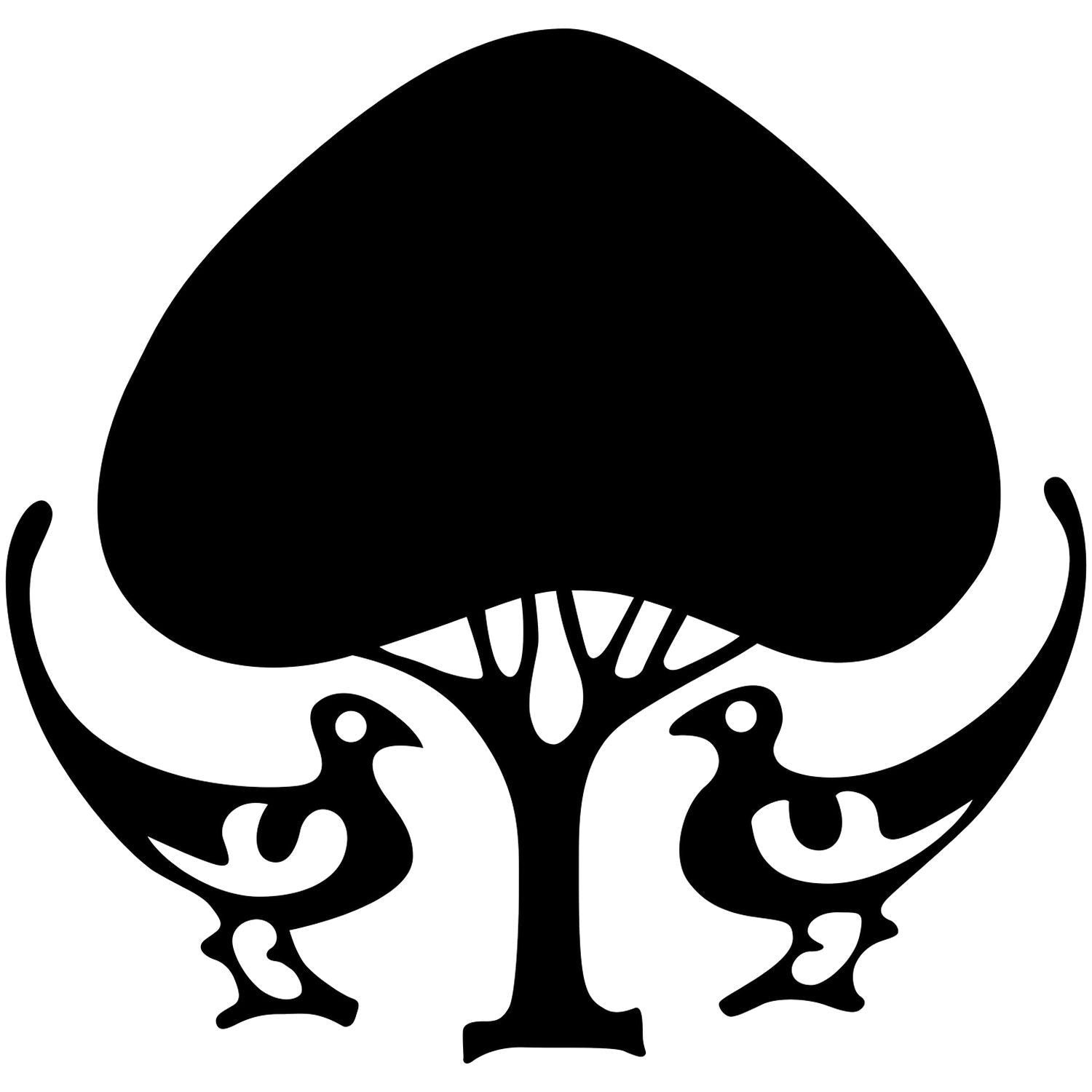 Black mushroom logo with two birds in a stylized silhouette on a white background