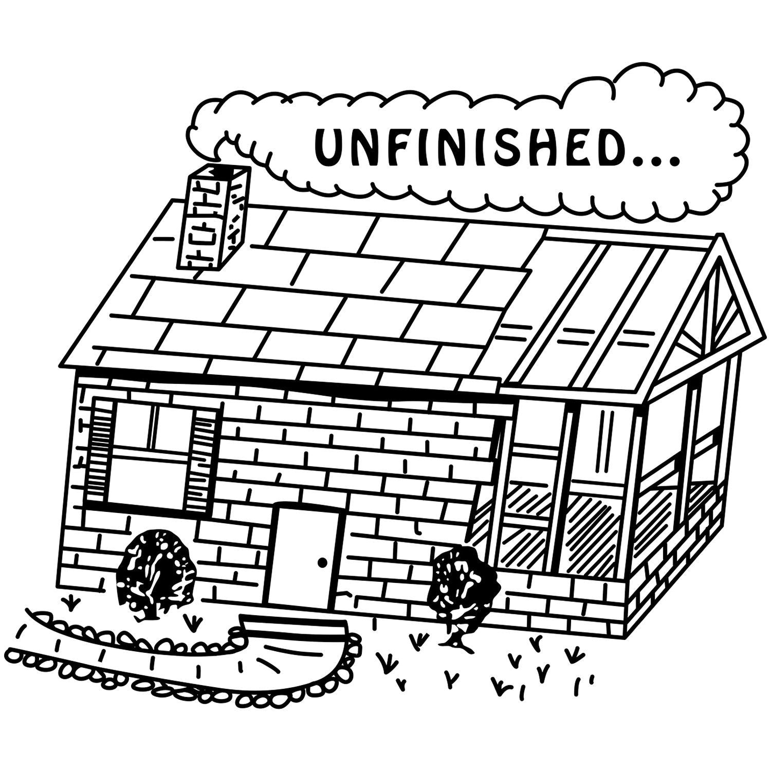 Unfinished house coloring page with roof, chimney, windows, and yard in black-and-white line art.