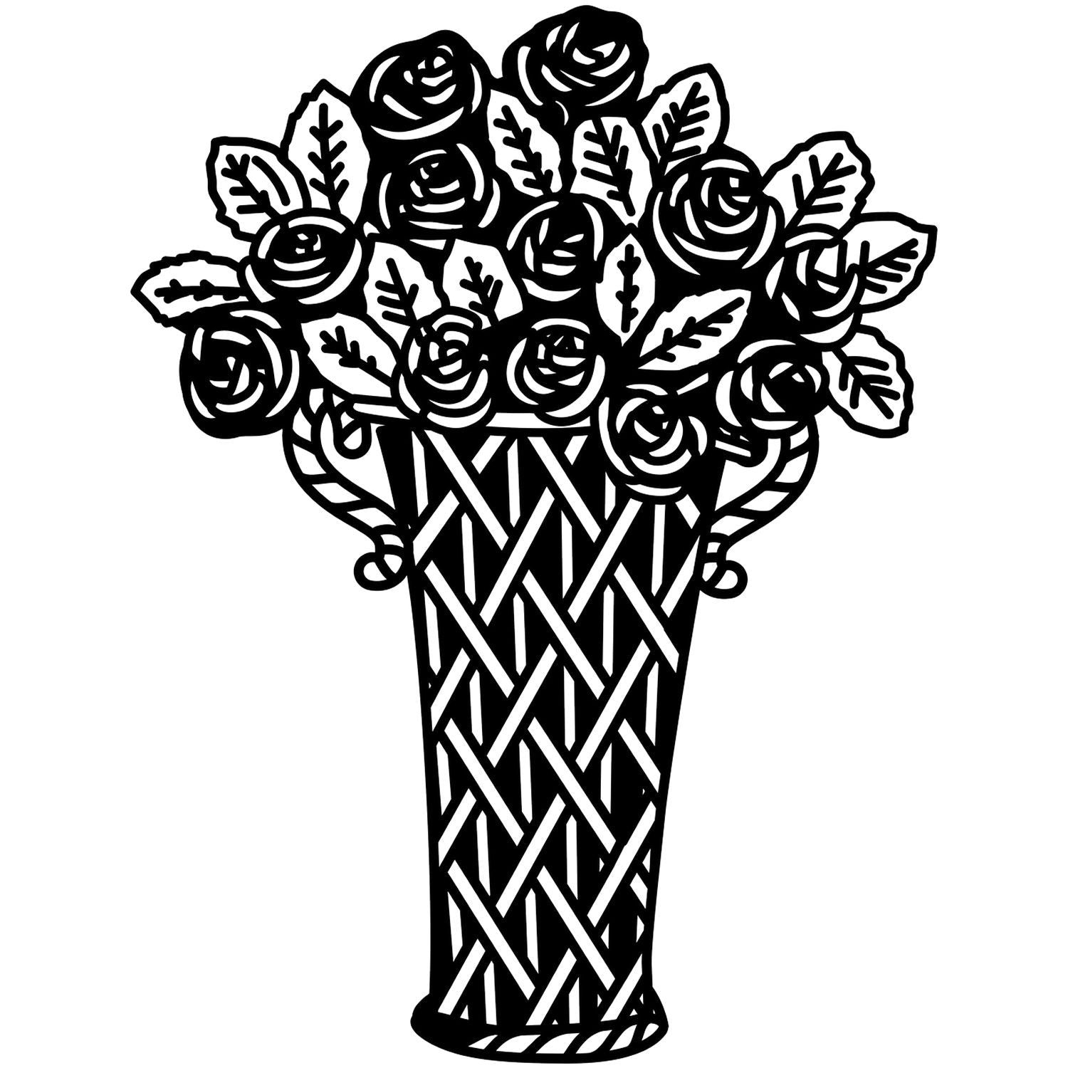 Black and white rose bouquet in a woven vase, elegant floral line art illustration.