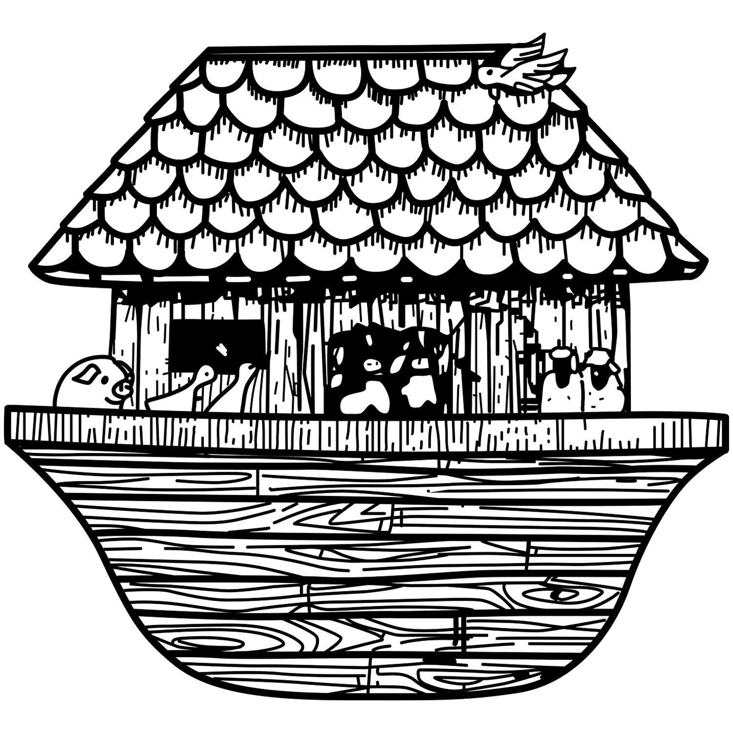 Black and white farm animal barn illustration with pig, cow, and chickens in a rustic wooden house.
