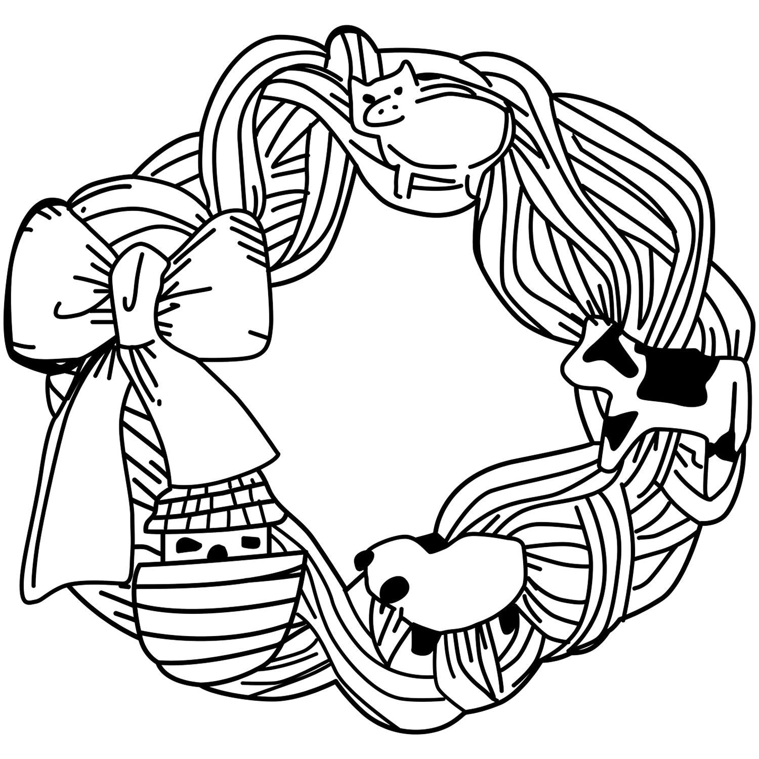 Black and white animal wreath coloring page featuring cute cat, cow, bear, and dog line art.