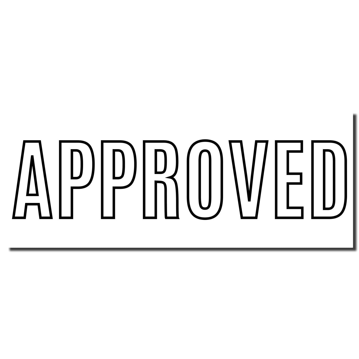 Approved stamp icon with bold black outlined text on white background