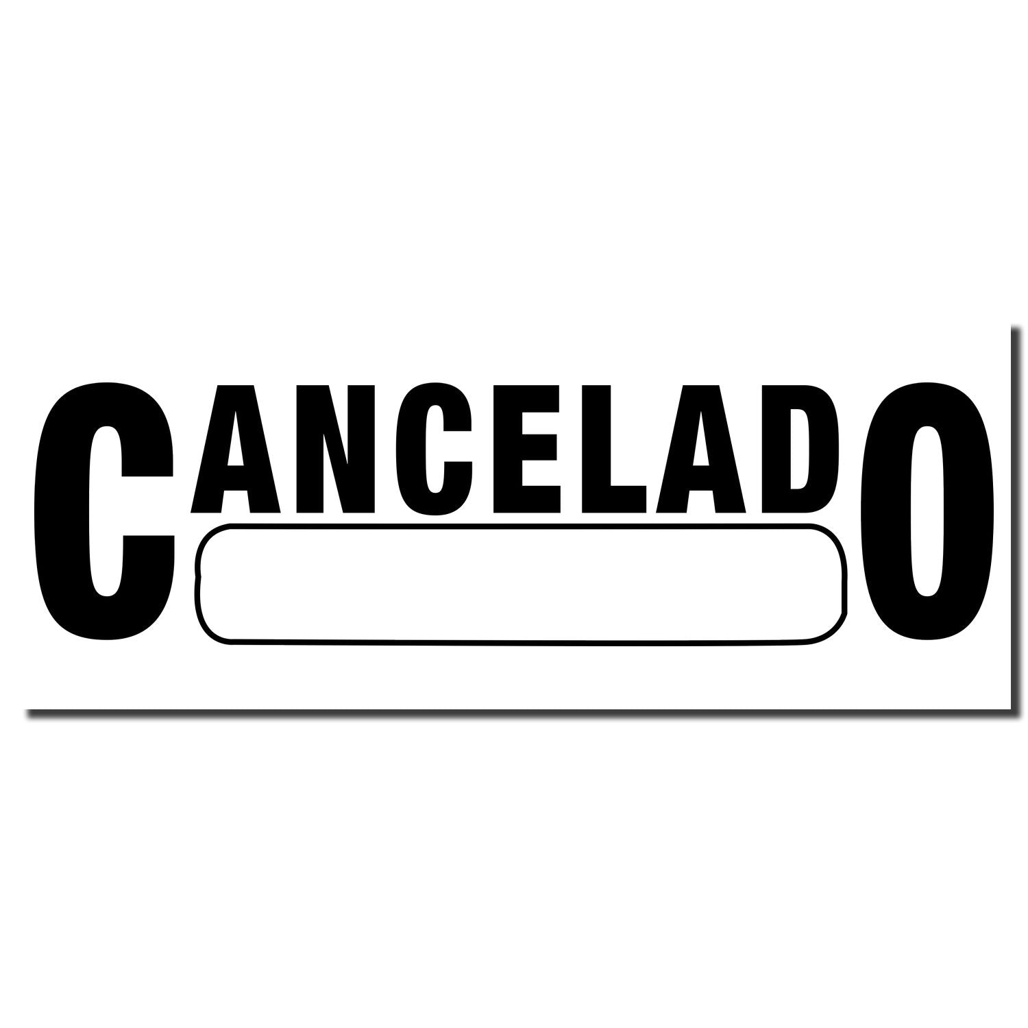 CANCELADO stamp graphic with bold black text and empty label box, indicating cancellation status on documents or events.