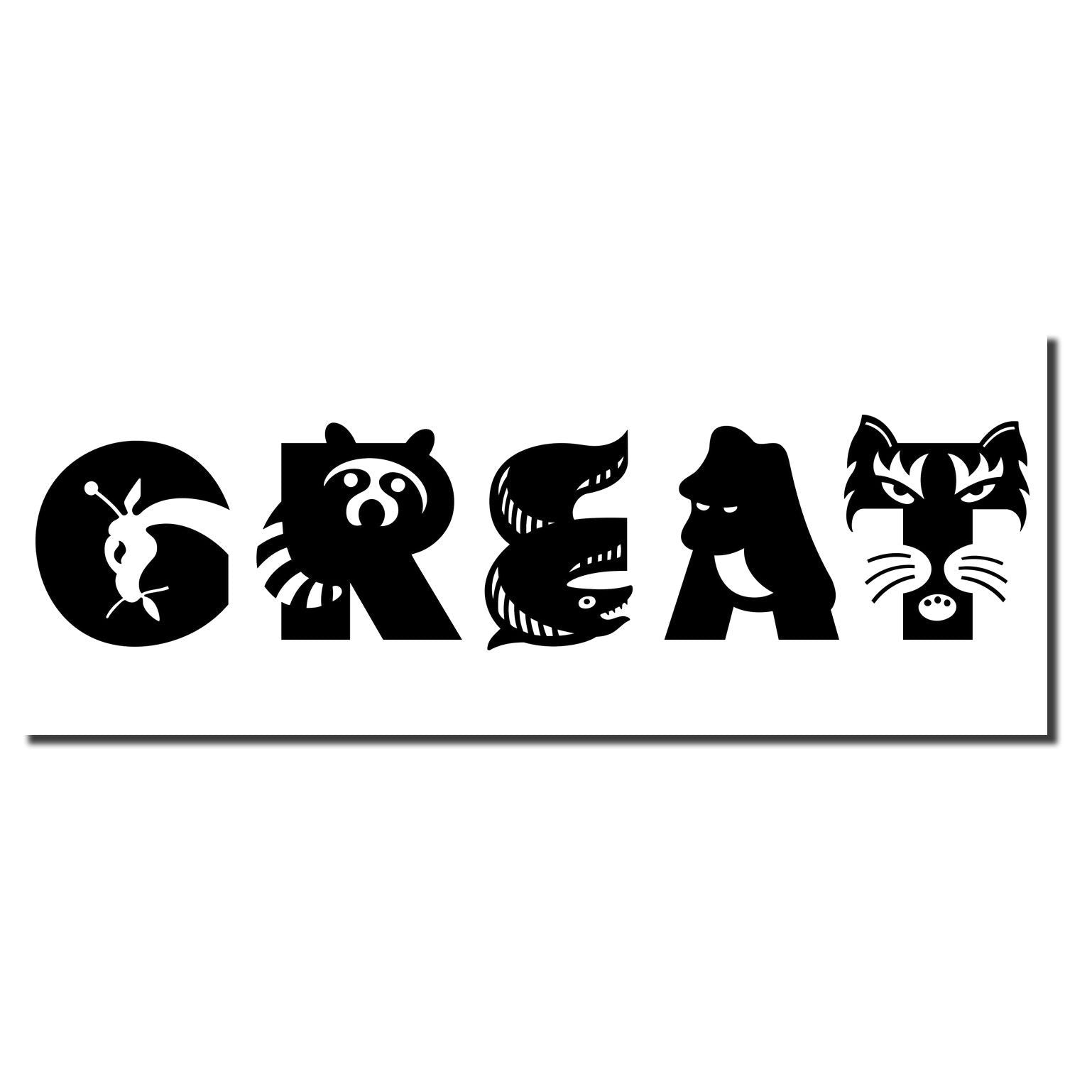Black GREAT word art with animal silhouette illustrations forming each letter on a white background.